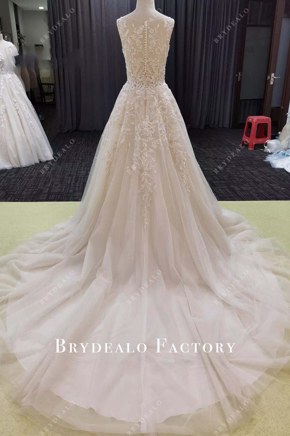 glitter lace chapel train wedding dress