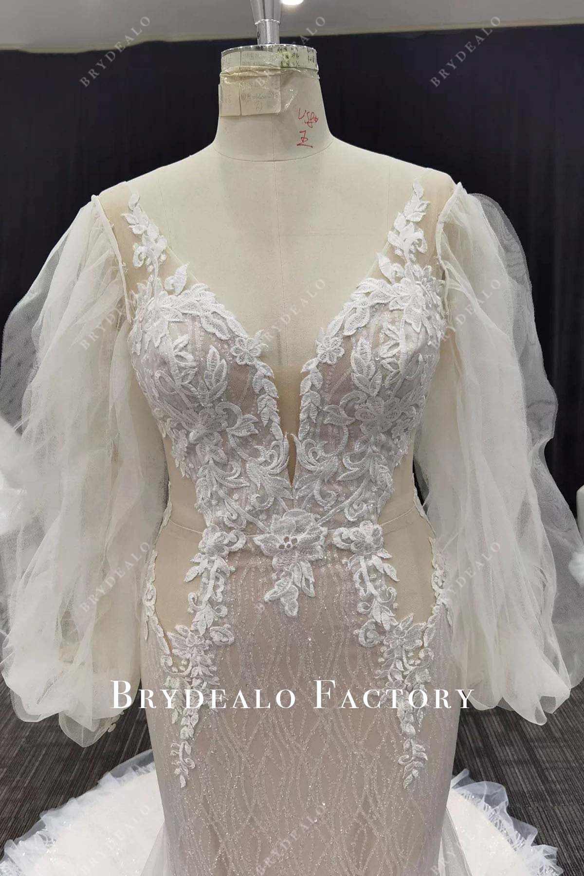 glitter lace detachable sleeves mermaid wedding dress
