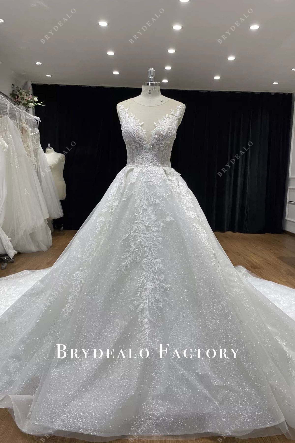 glitter lace illusion neck wedding ballgown