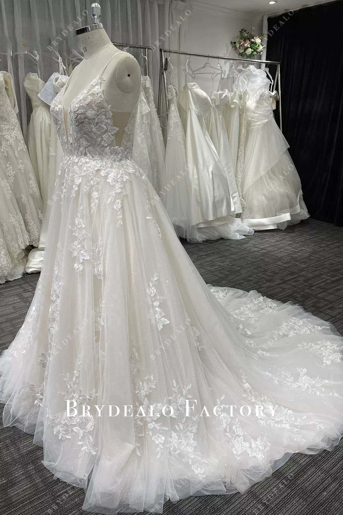 glitter lace long train wedding dress