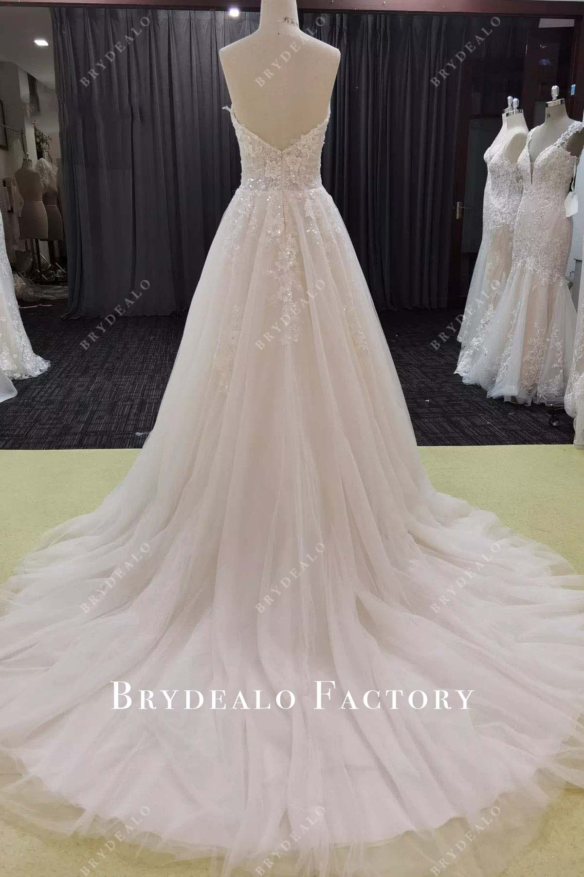 glitter lace long train wedding dress