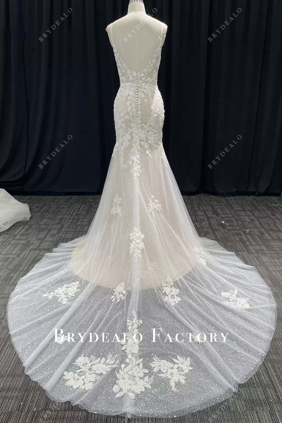 glitter lace mermaid long train wedding dress