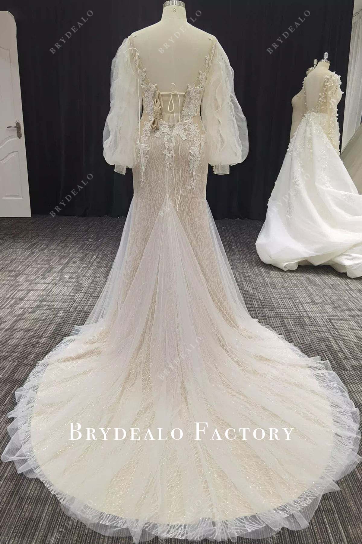 glitter lace mermaid long train wedding dress