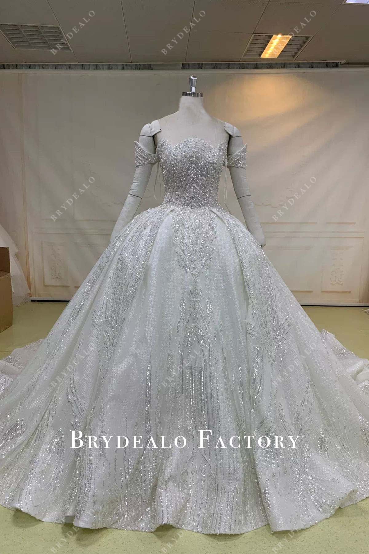 glitter lace off shoulder wedding ballgown