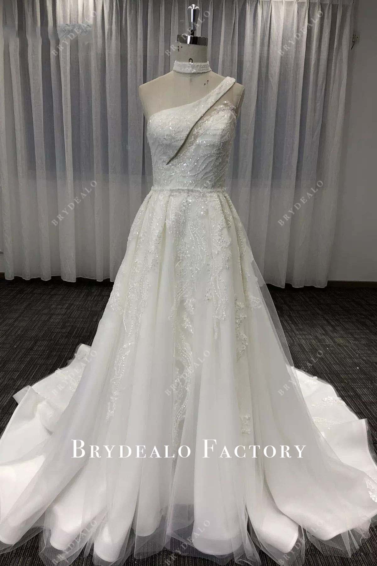 glitter lace one shoulder wedding dress