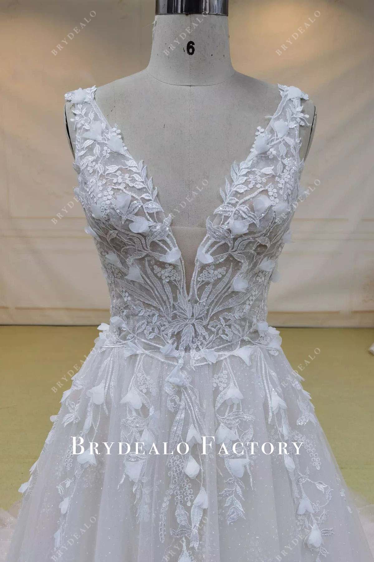 glitter lace plunging neck wedding dress