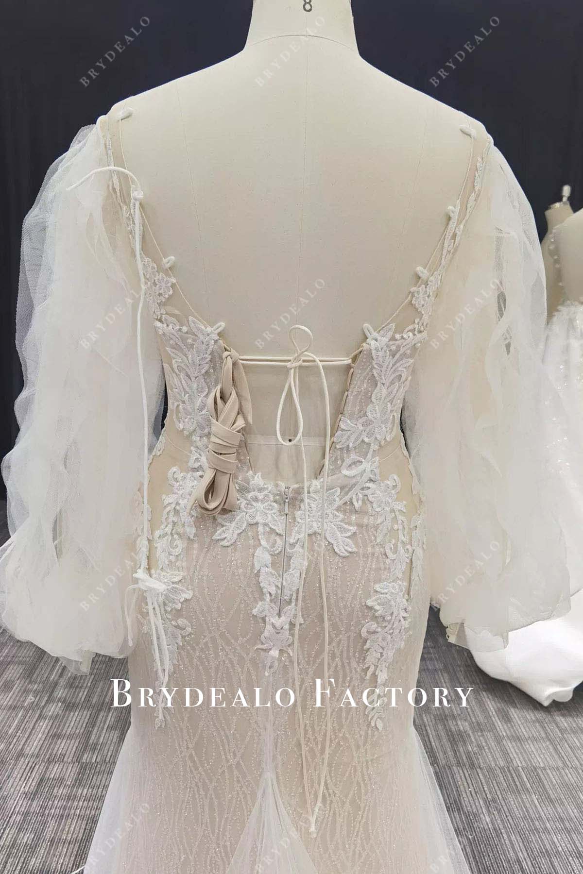 glitter lace sheer sleeves mermaid wedding dress