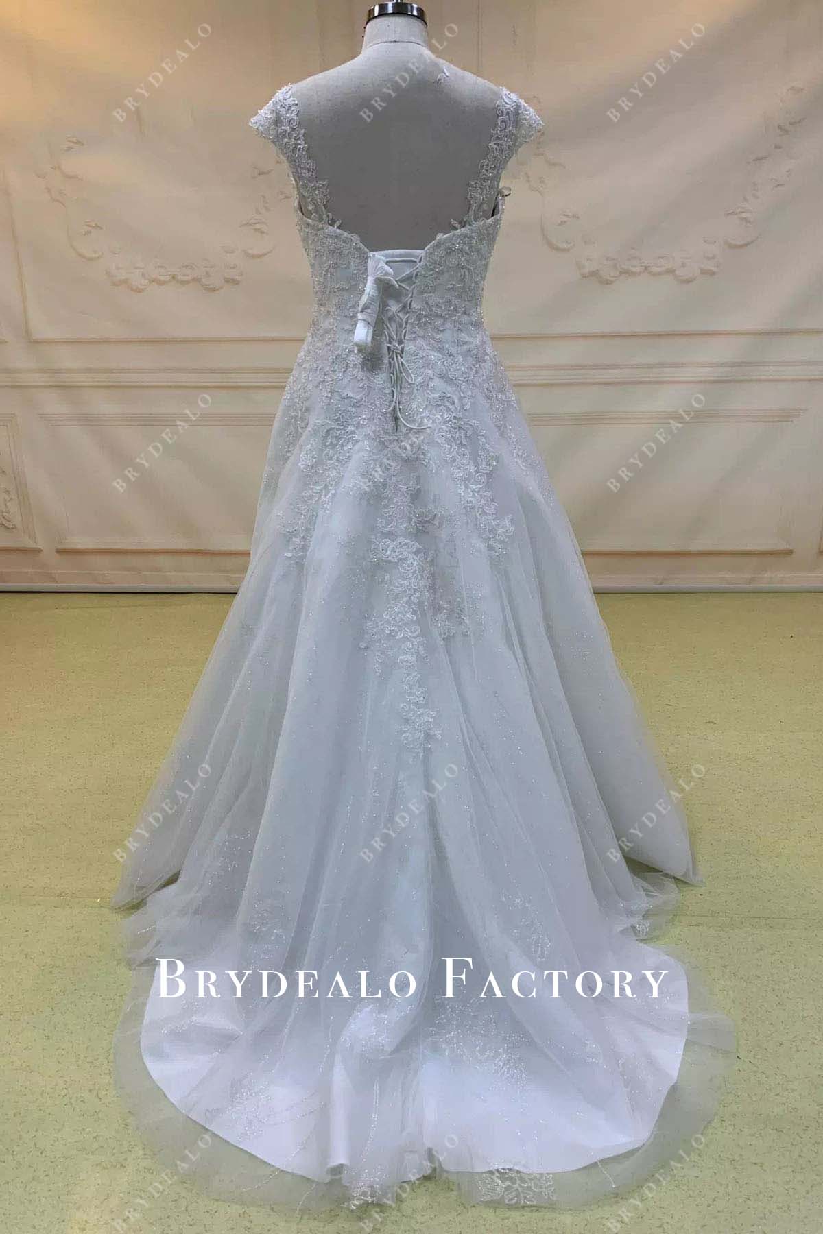 glitter lace sweep train wedding dress