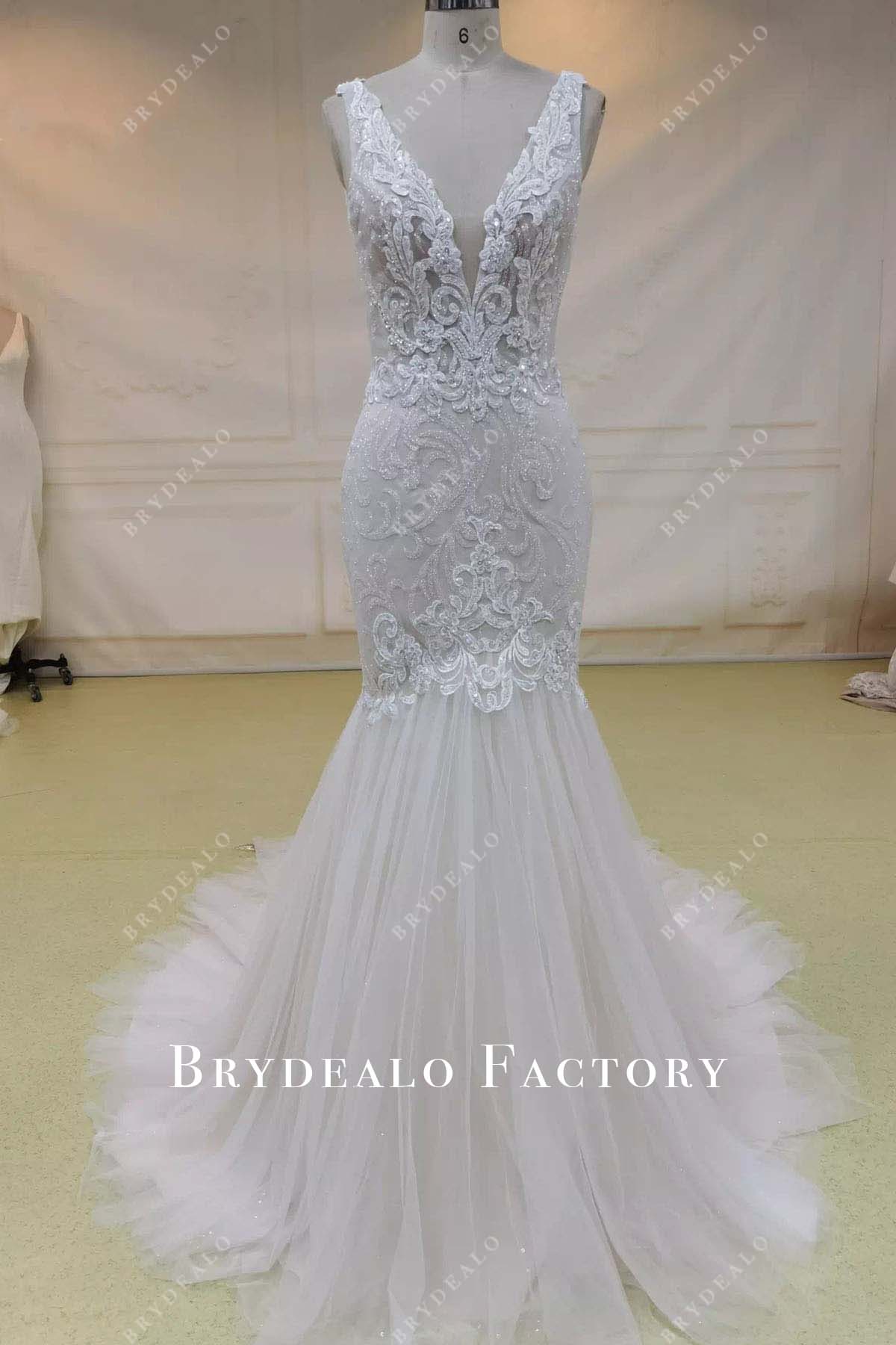 glitter lace trumpet wedding dress
