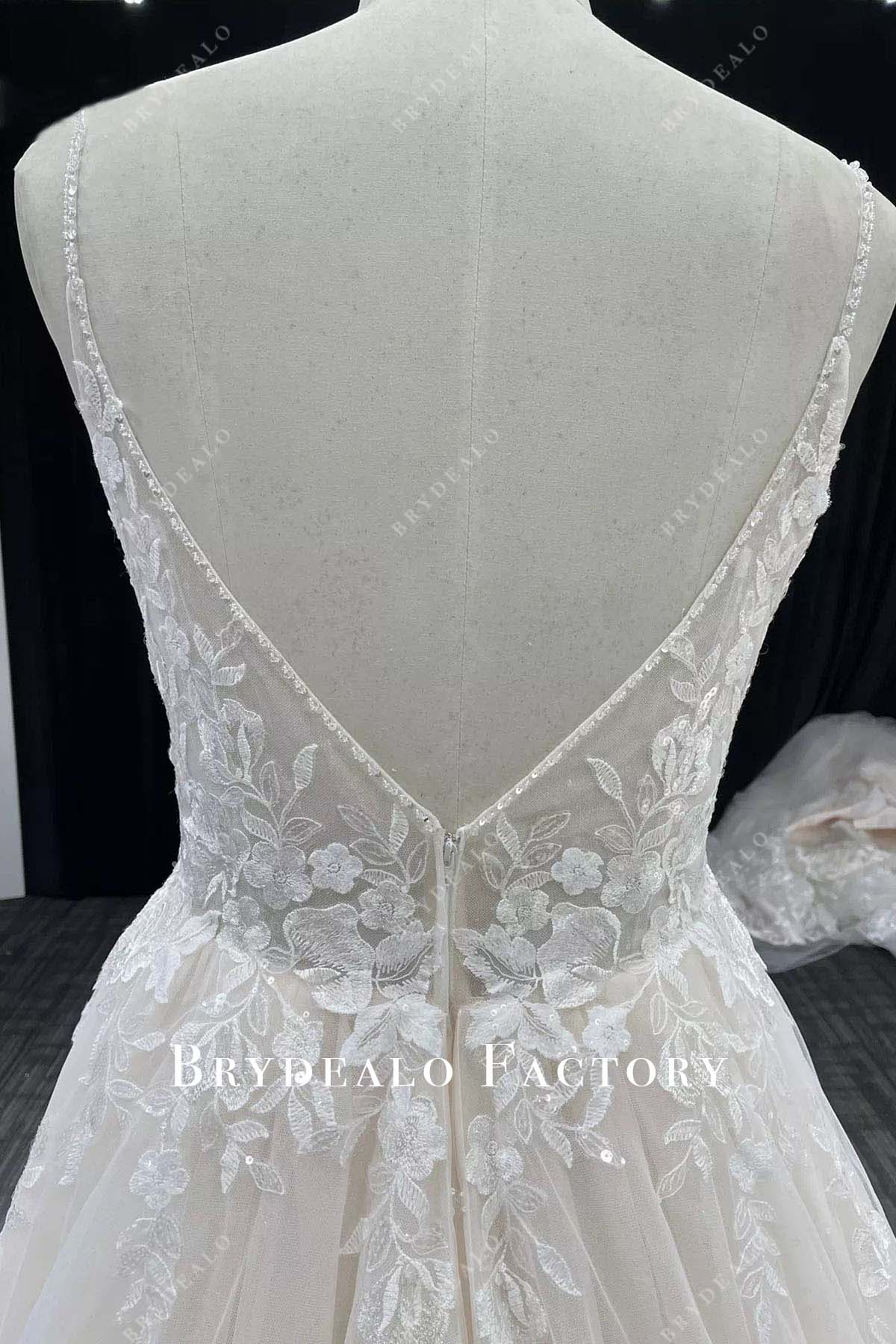 glitter lace v back wedding dress