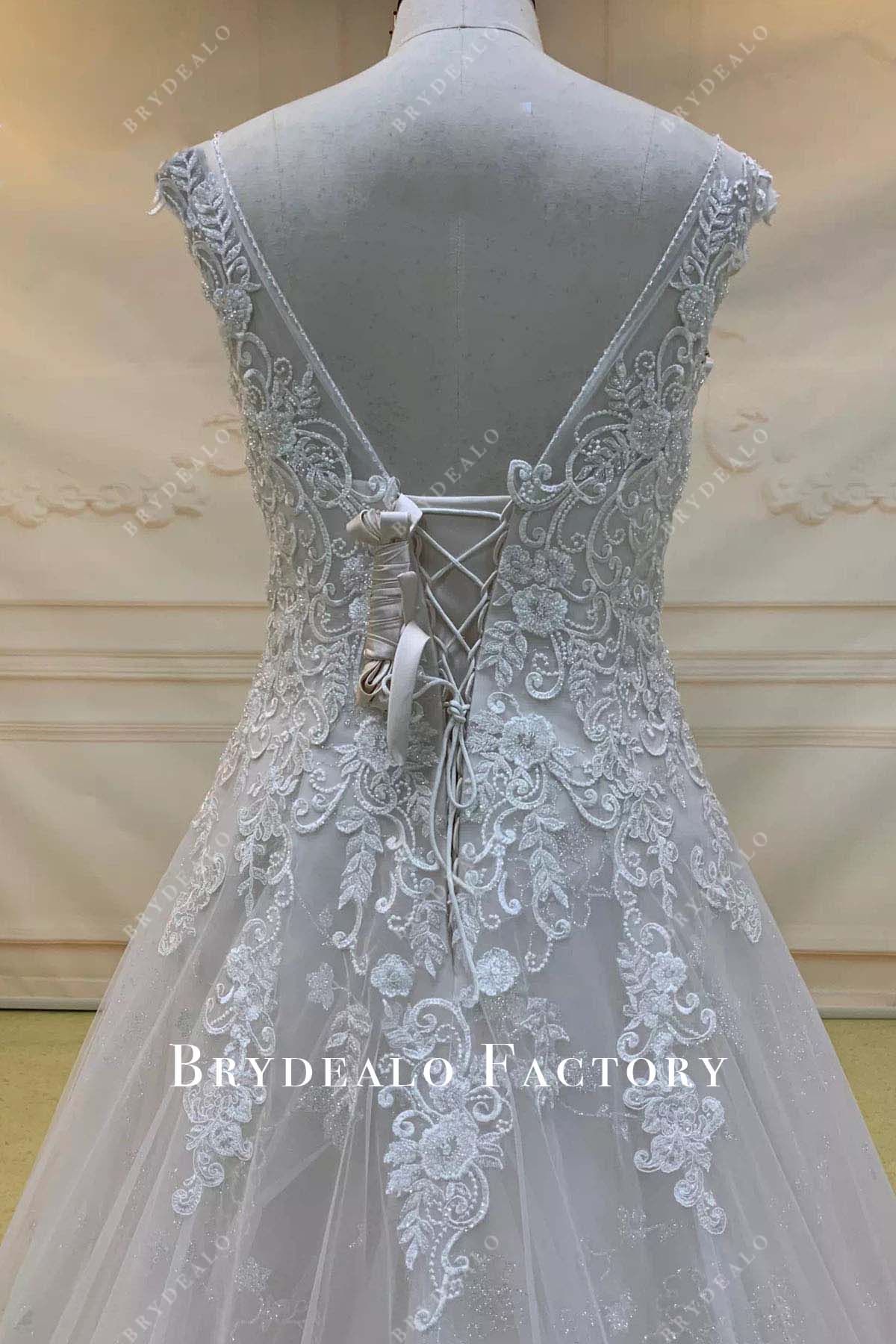 glitter lace v back wedding dress