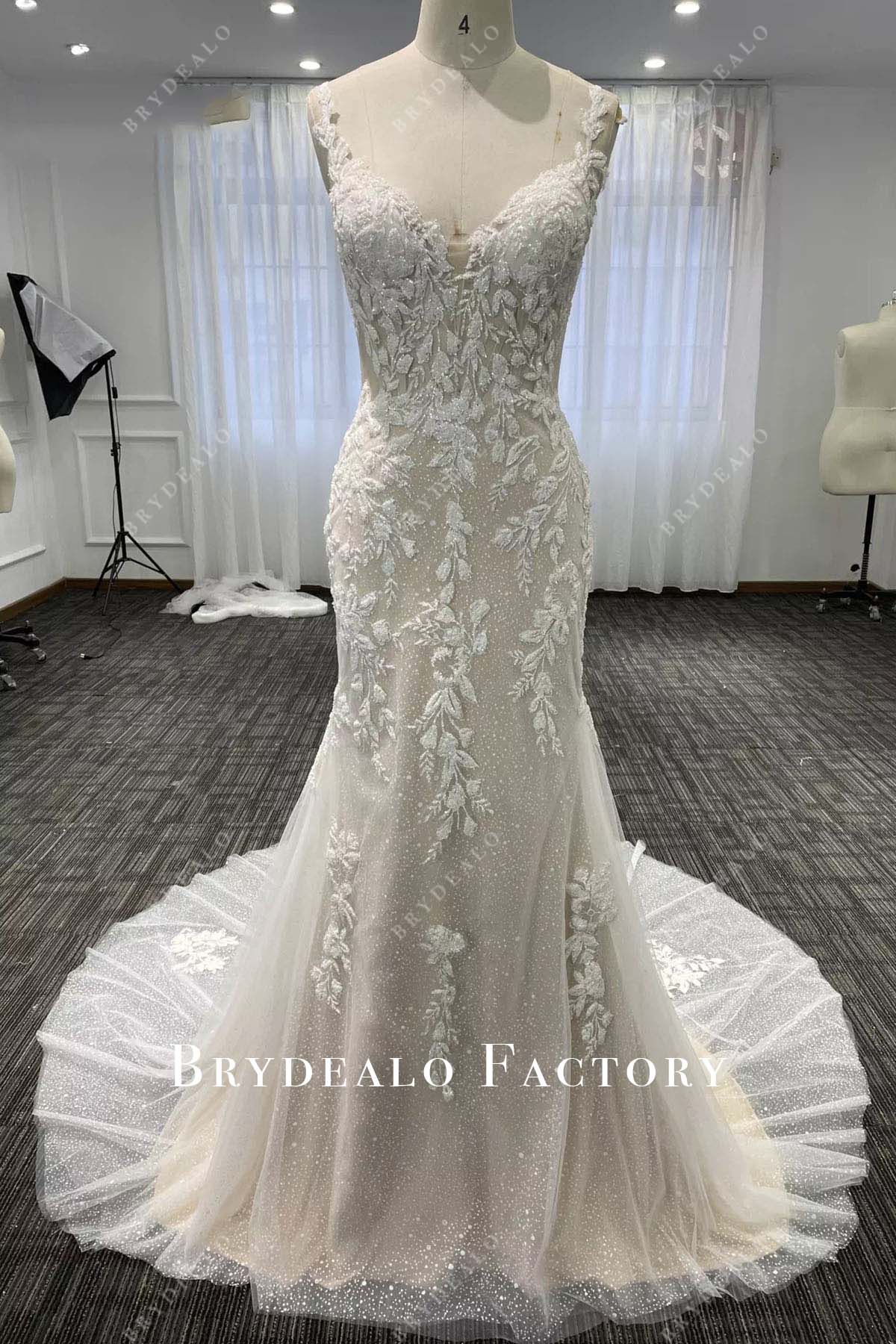 glitter lace v neck mermaid wedding dress