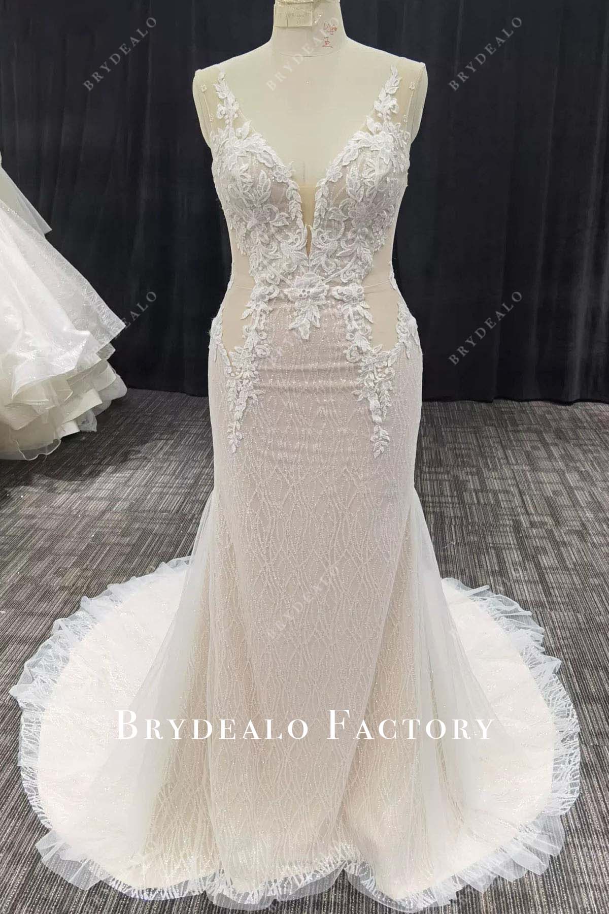 glitter lace v neck mermaid wedding dress