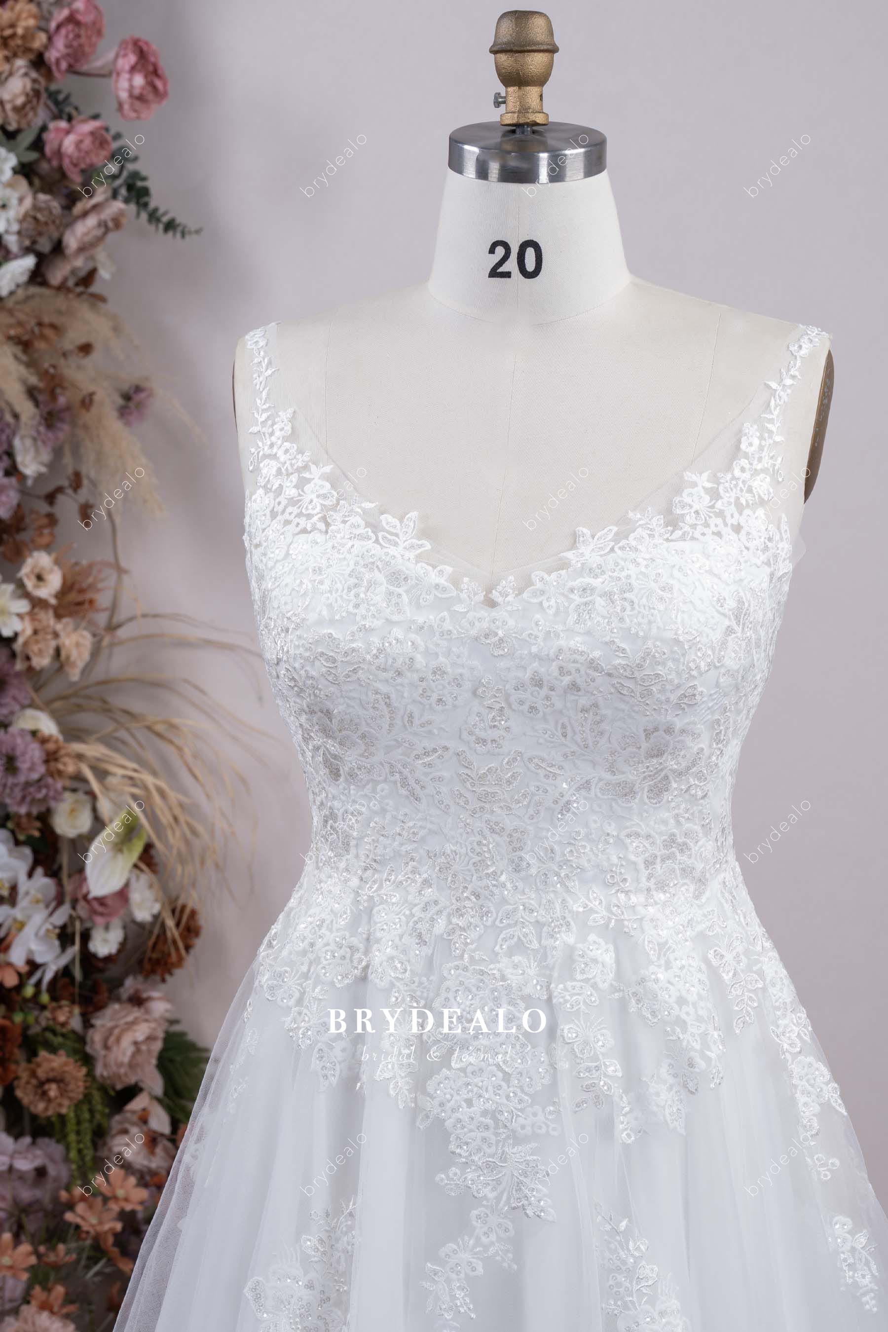 glitter lace wide straps wedding dress