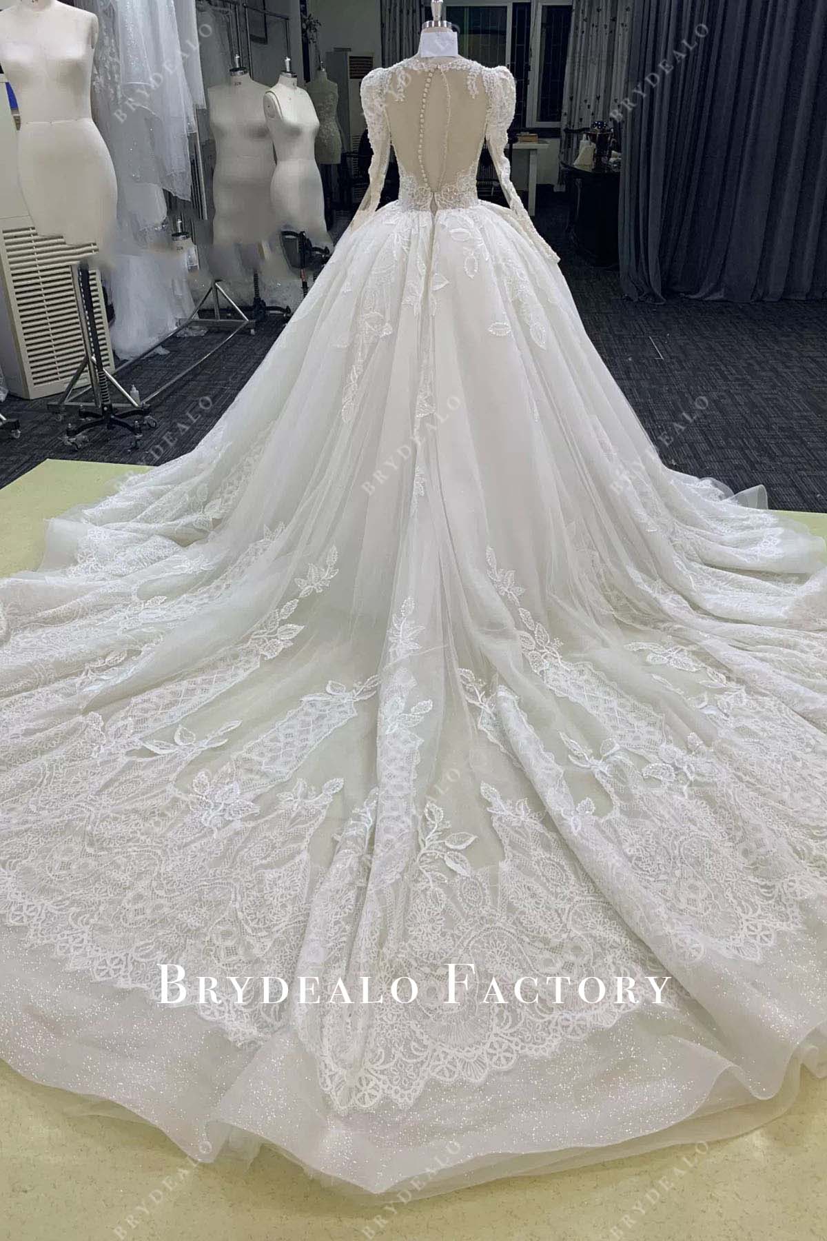glitter nude lace cathedral train wedding ballgown
