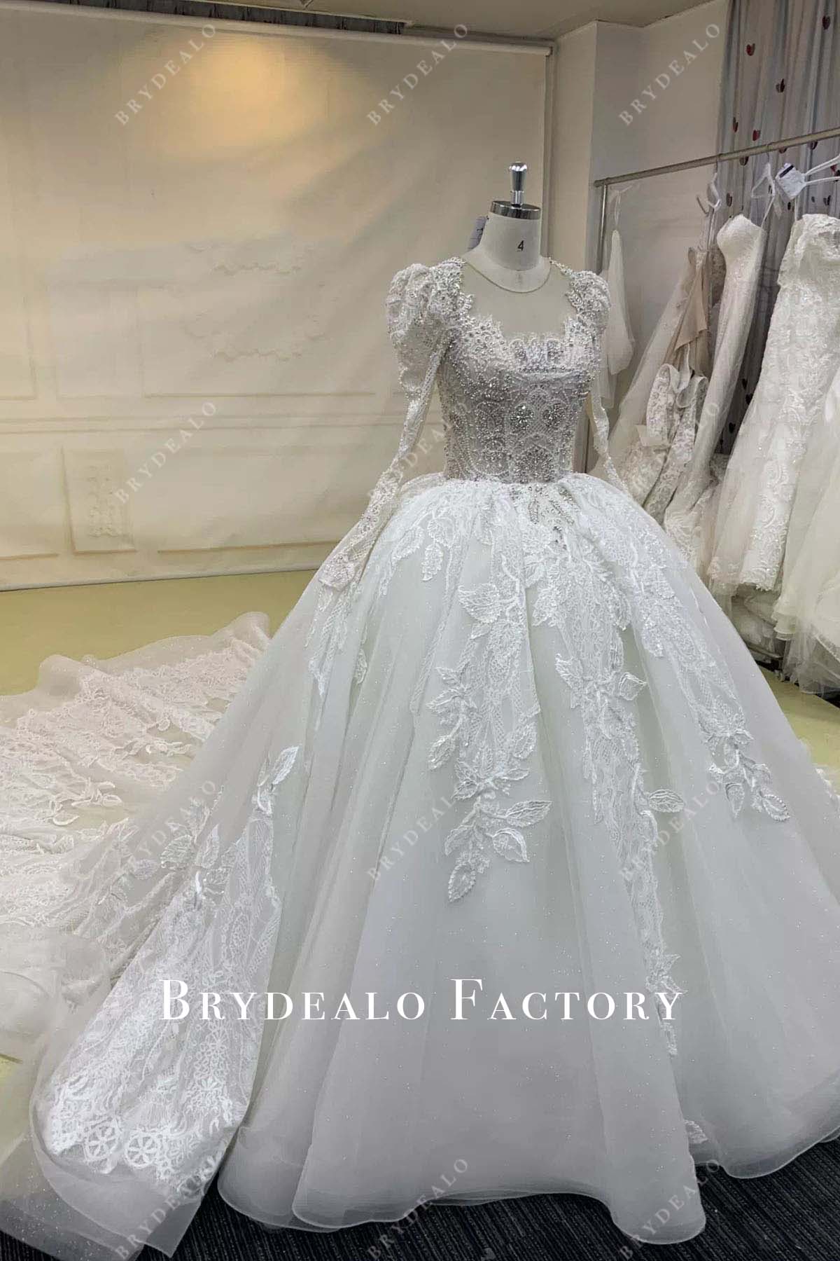 glitter nude lace long sleeves wedding ballgown
