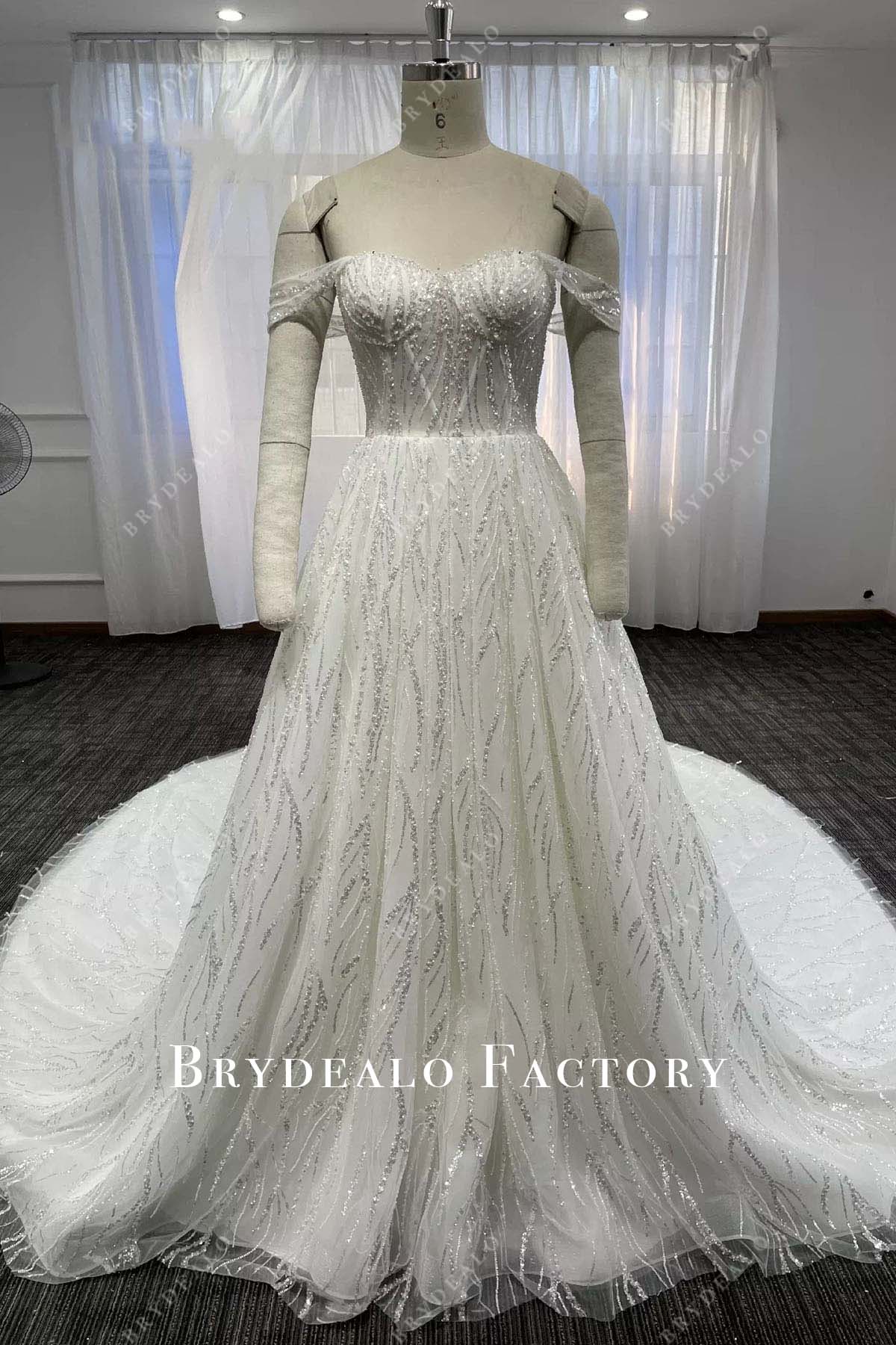 glitter off shoulder wedding dress