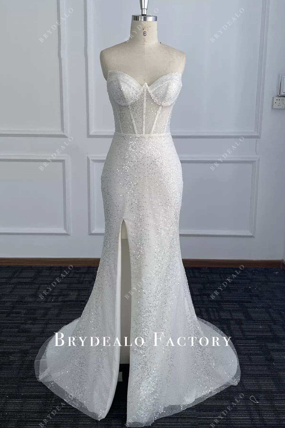 glitter strapless mermaid wedding dress