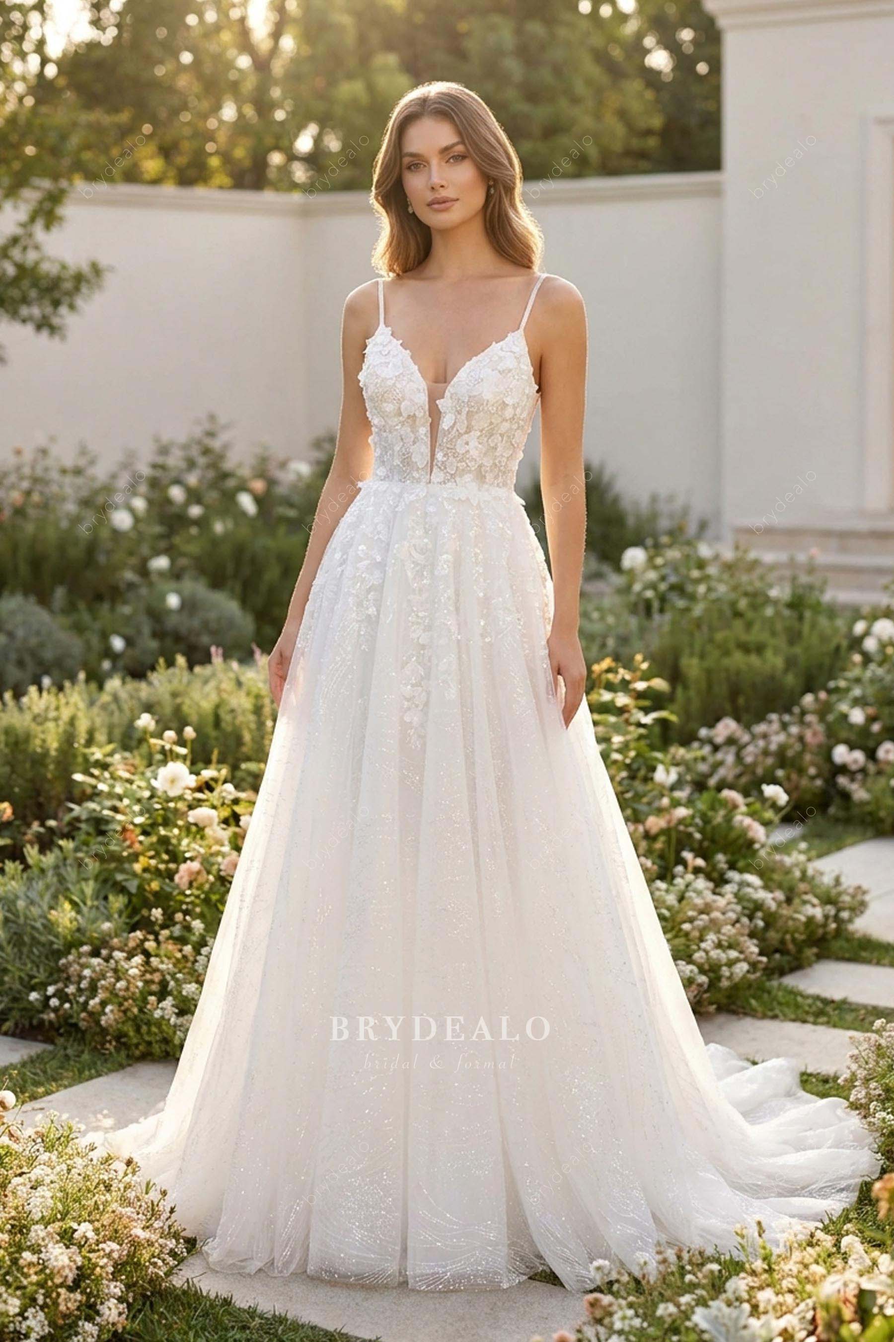 glitter tulle flower lace wedding dress
