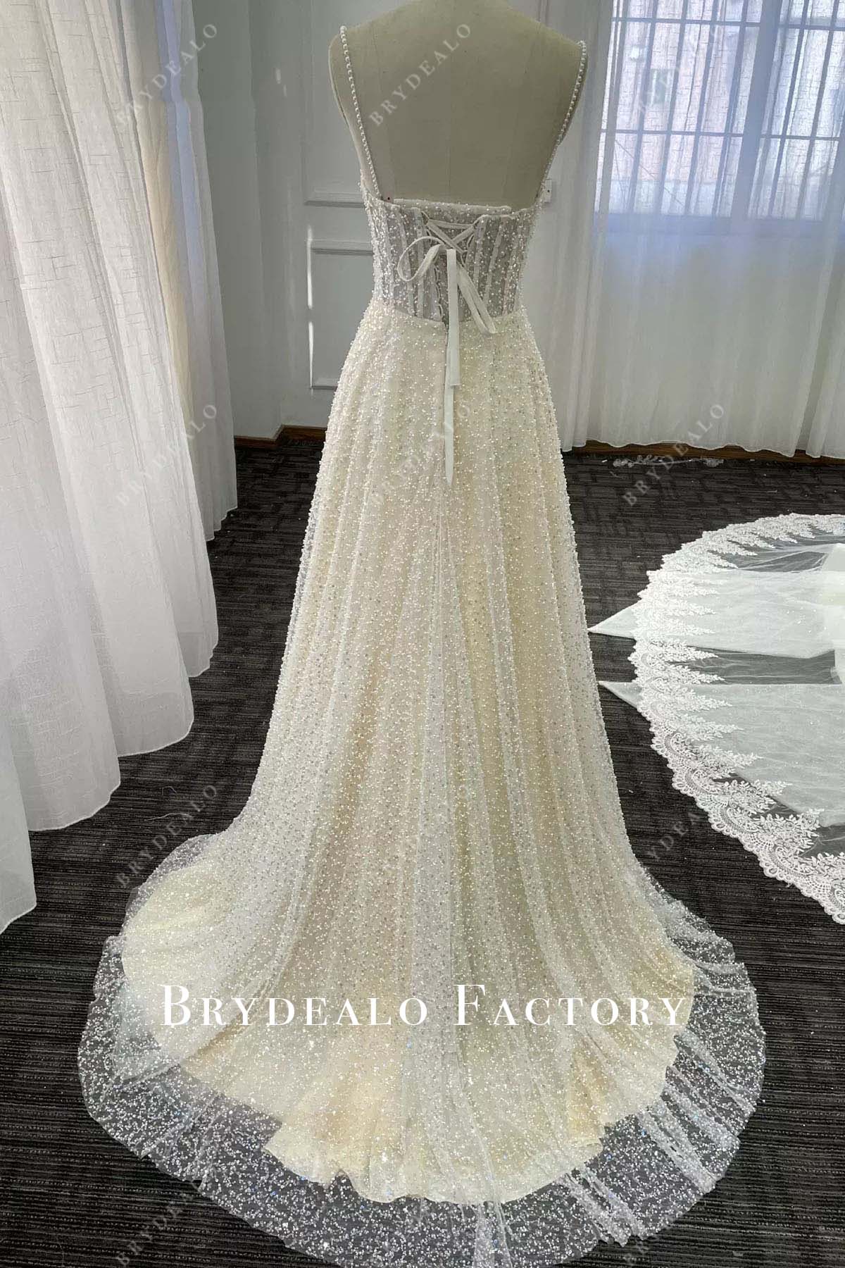 glitter tulle sweep train wedding dress
