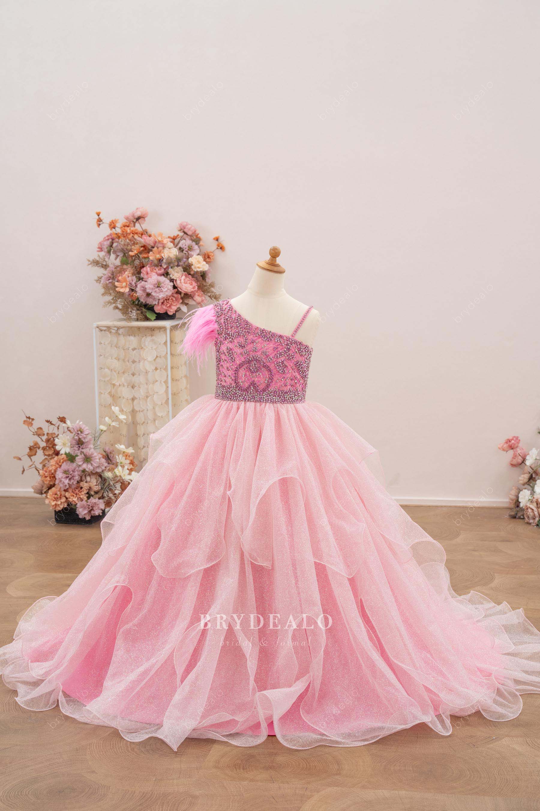 glittery ruffled tulle kids pageant gown