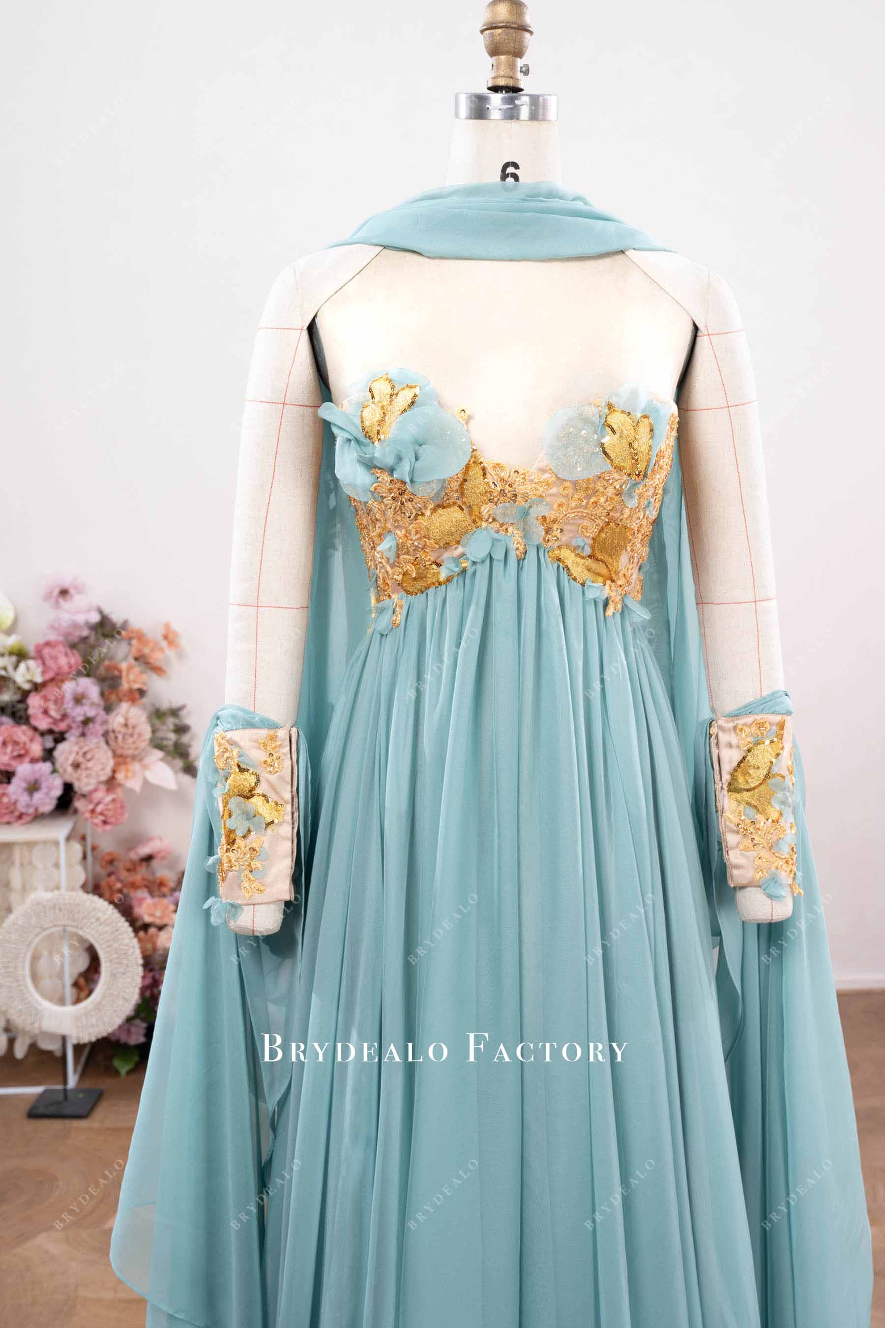 gold blue chiffon shawl evening dress
