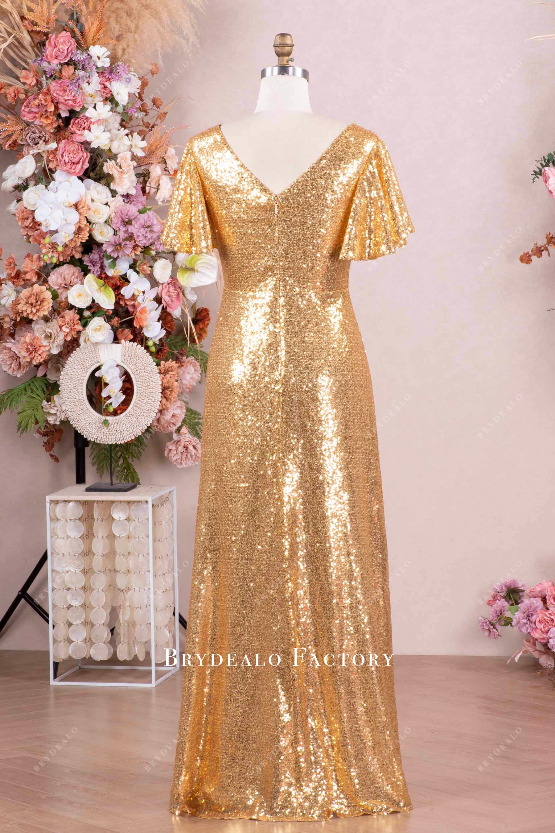 gold flutter sleeve floor length formal dress