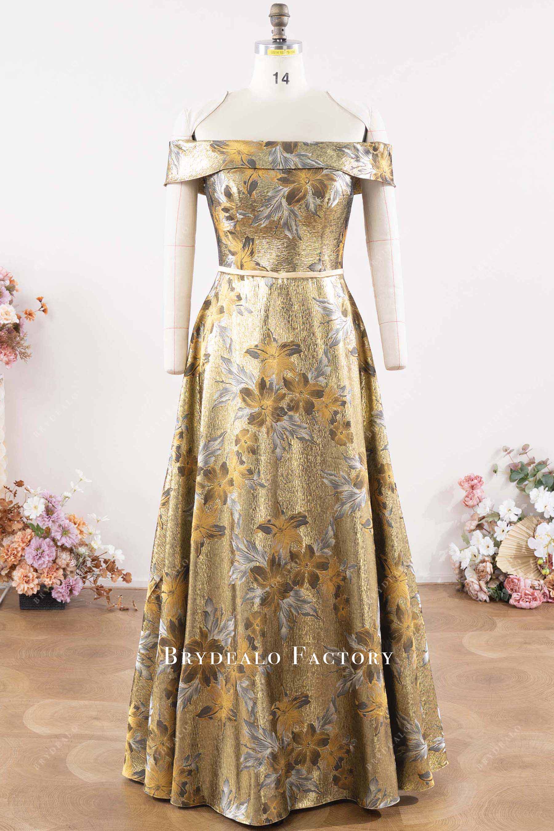 gold jacquard A-line formal dress