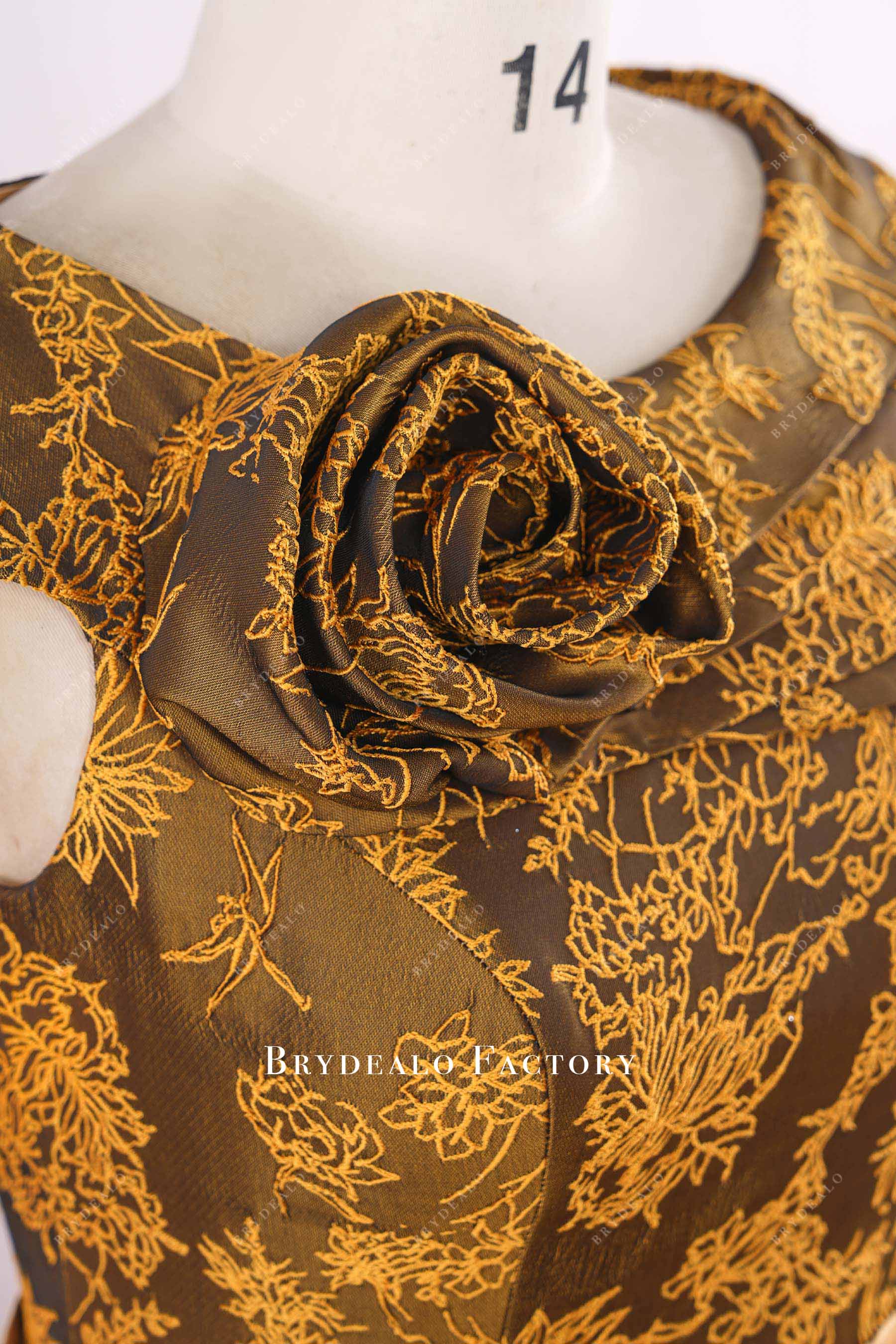 gold jacquard rose formal dress