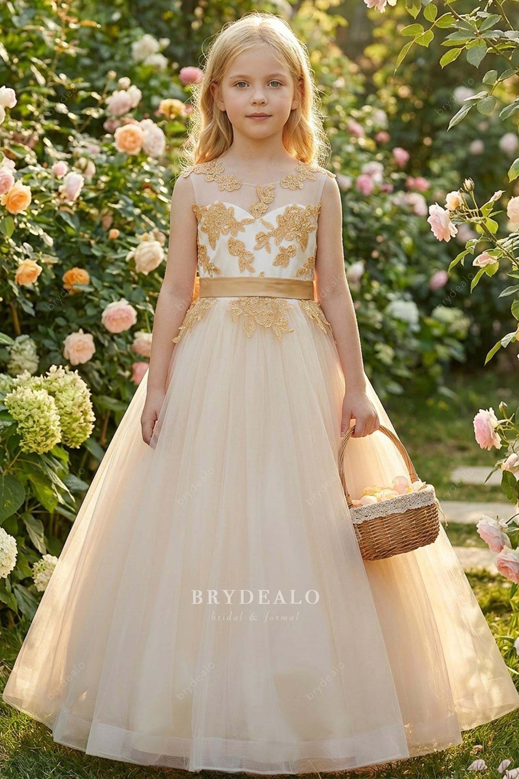 gold lace ivory tulle flower girl dress