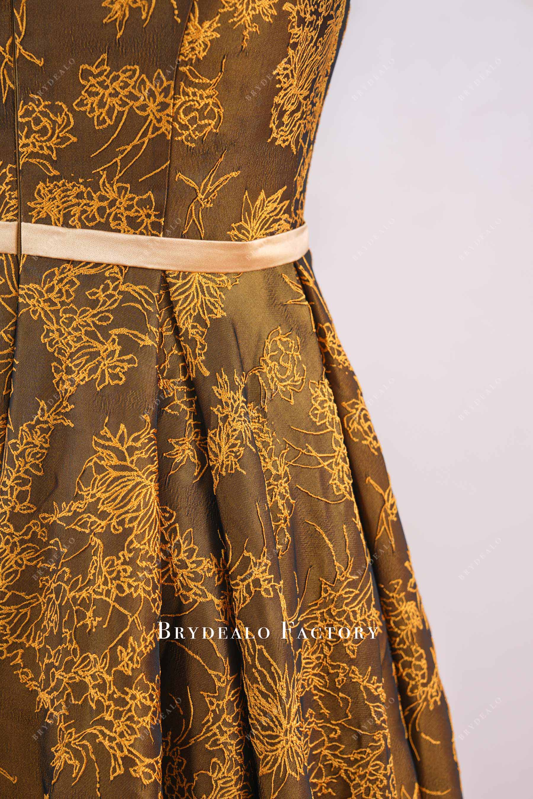 Gold Asymmetric Rose Sleeve Jacquard Mother of Bride Dress