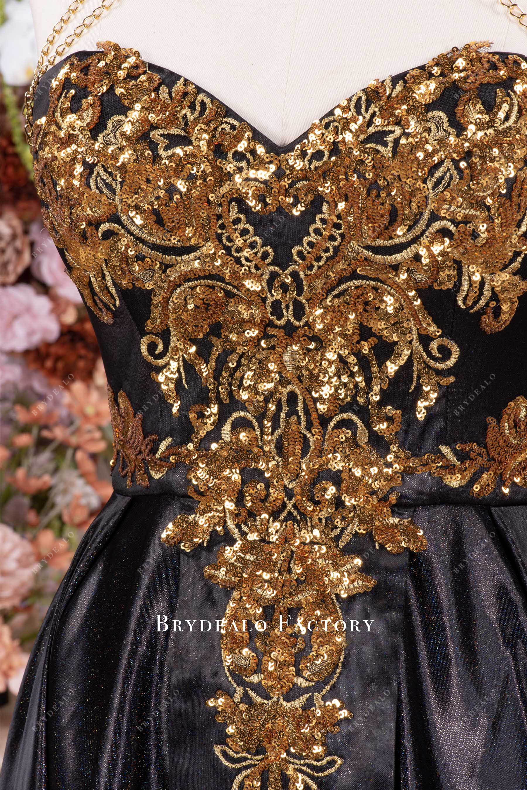 Black prom dress with gold embroidery hotsell