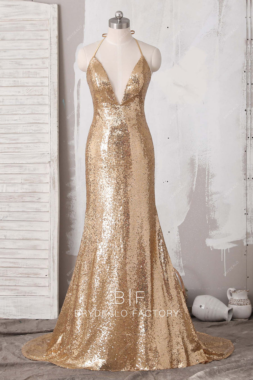 Gold Sequin Plunging Neck Halter Strap Mermaid Prom Dress