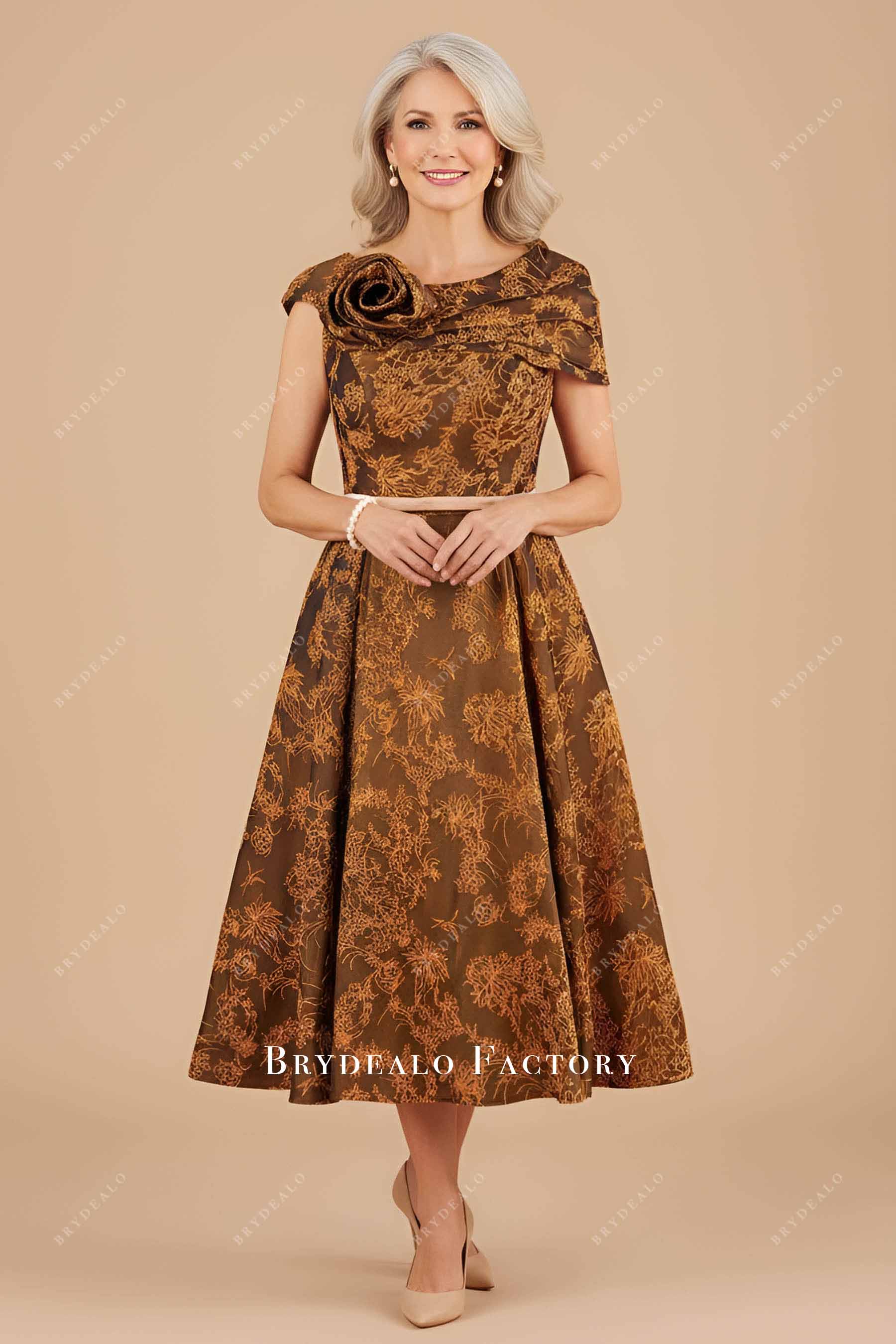 gold tea length mother of bride dress