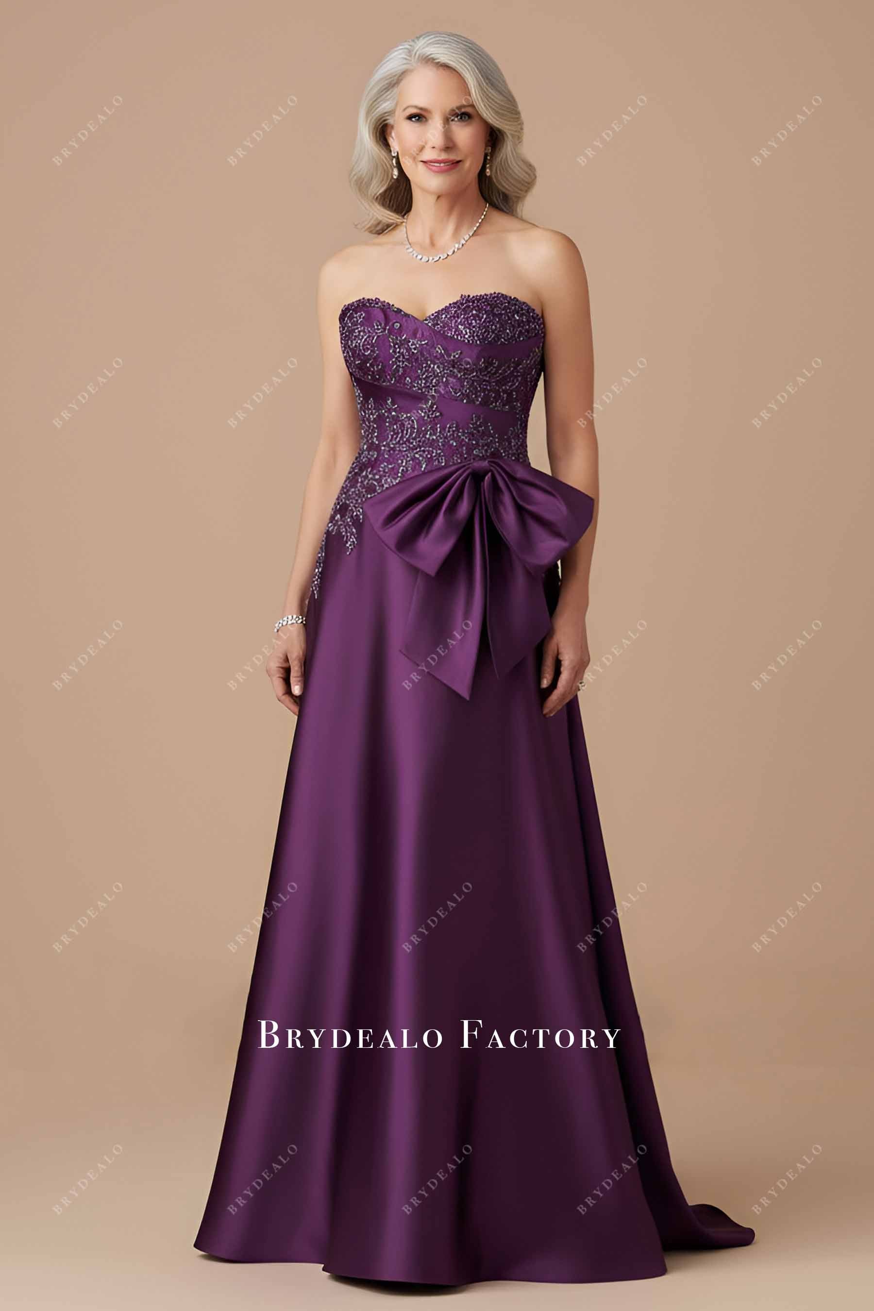 grape strapless beaded lace formal dress