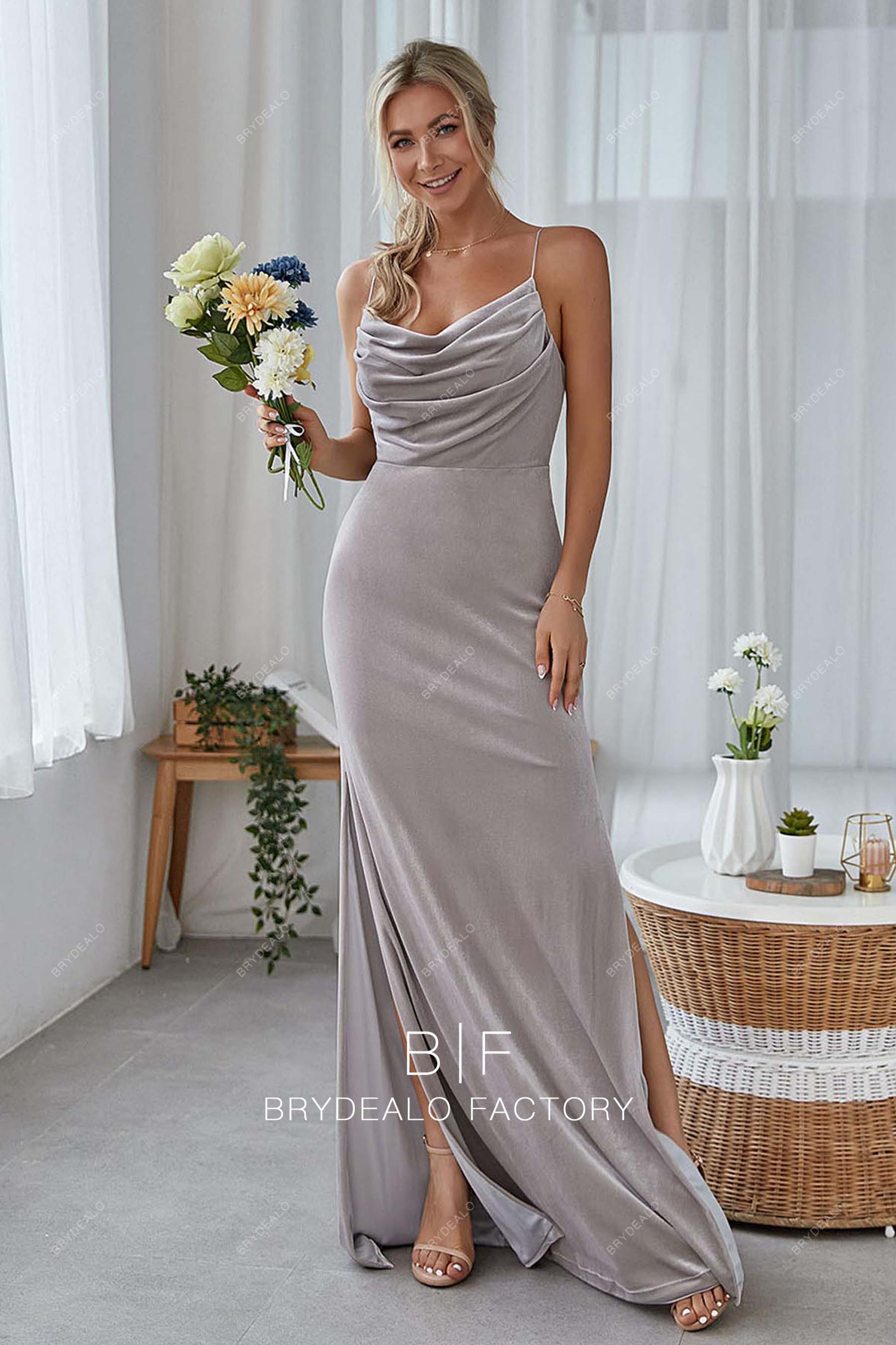Cowl Neck Grey Velvet Slit Column Long Bridesmaid Dress