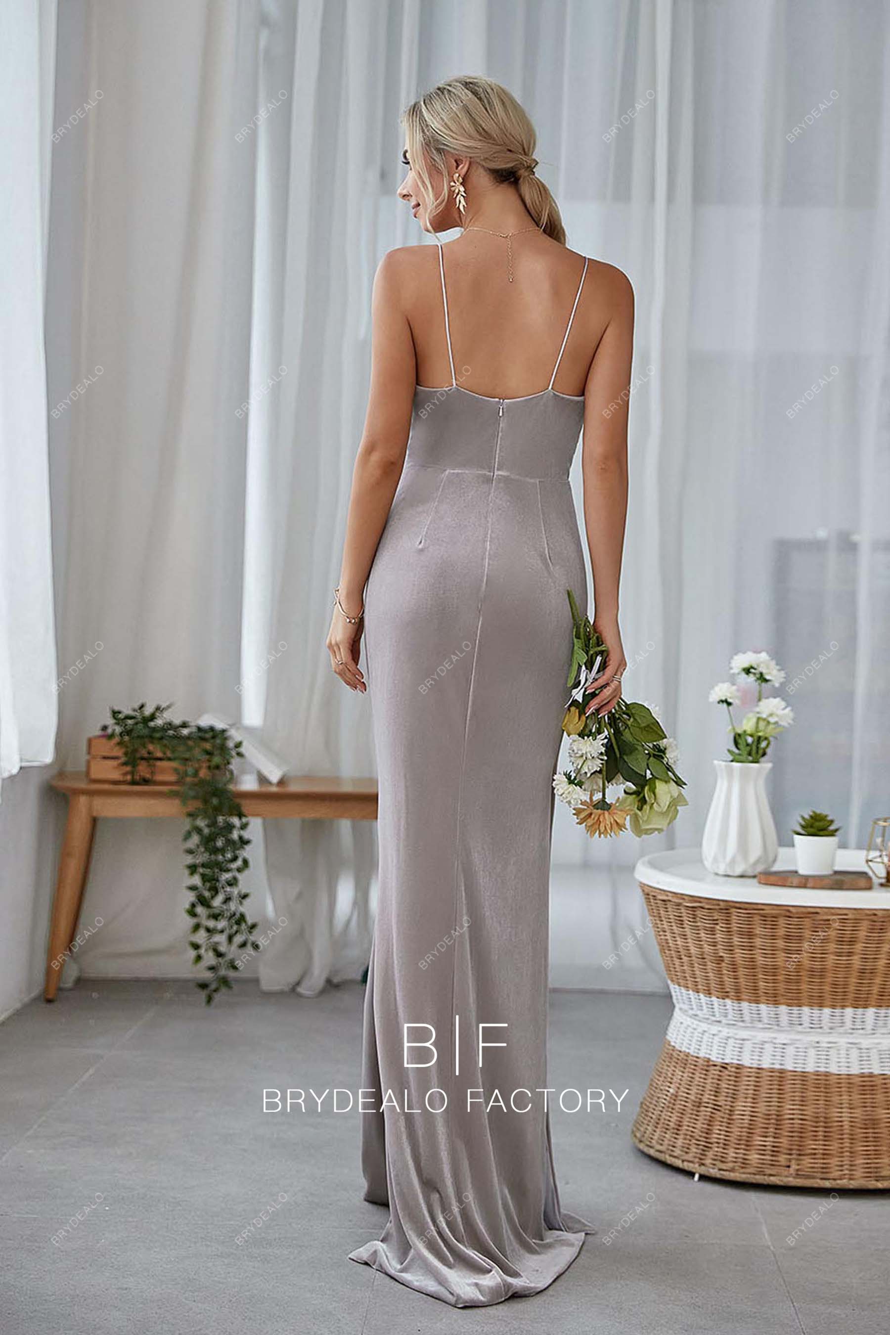 gray open back spaghetti straps long prom dress