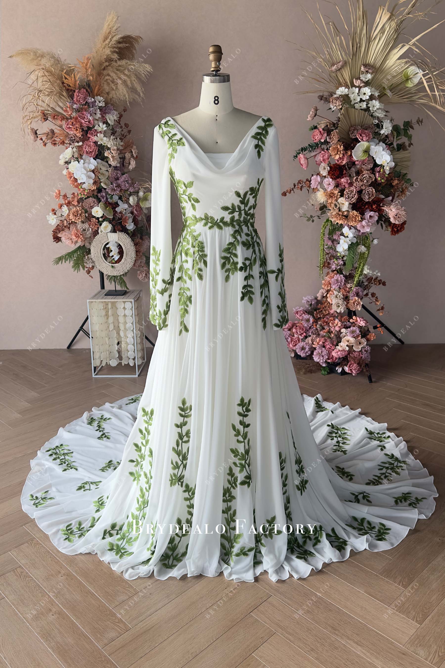 green leaf white chiffon private label bridal dress