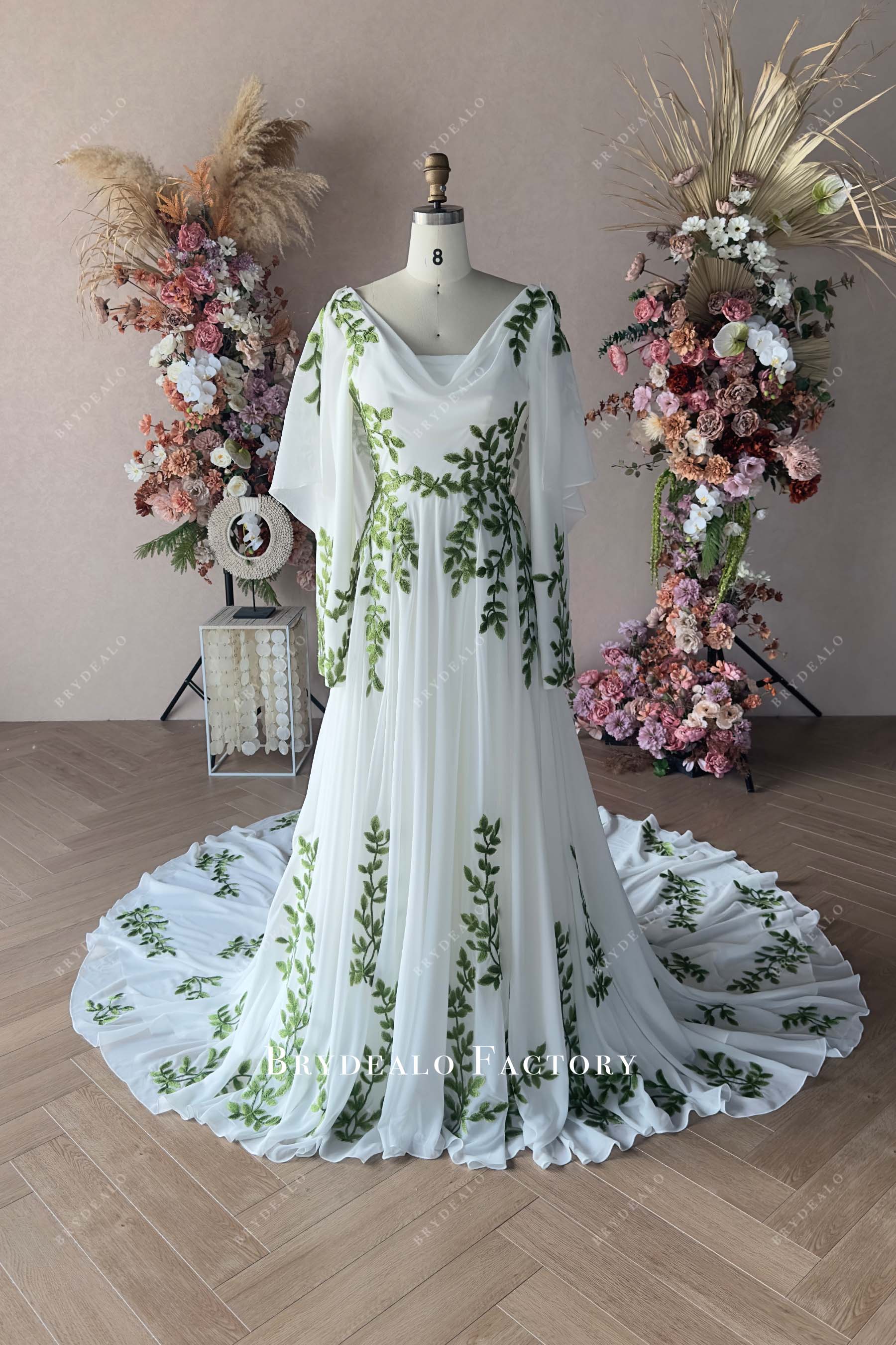 green leaf white chiffon cape custom bridal dress