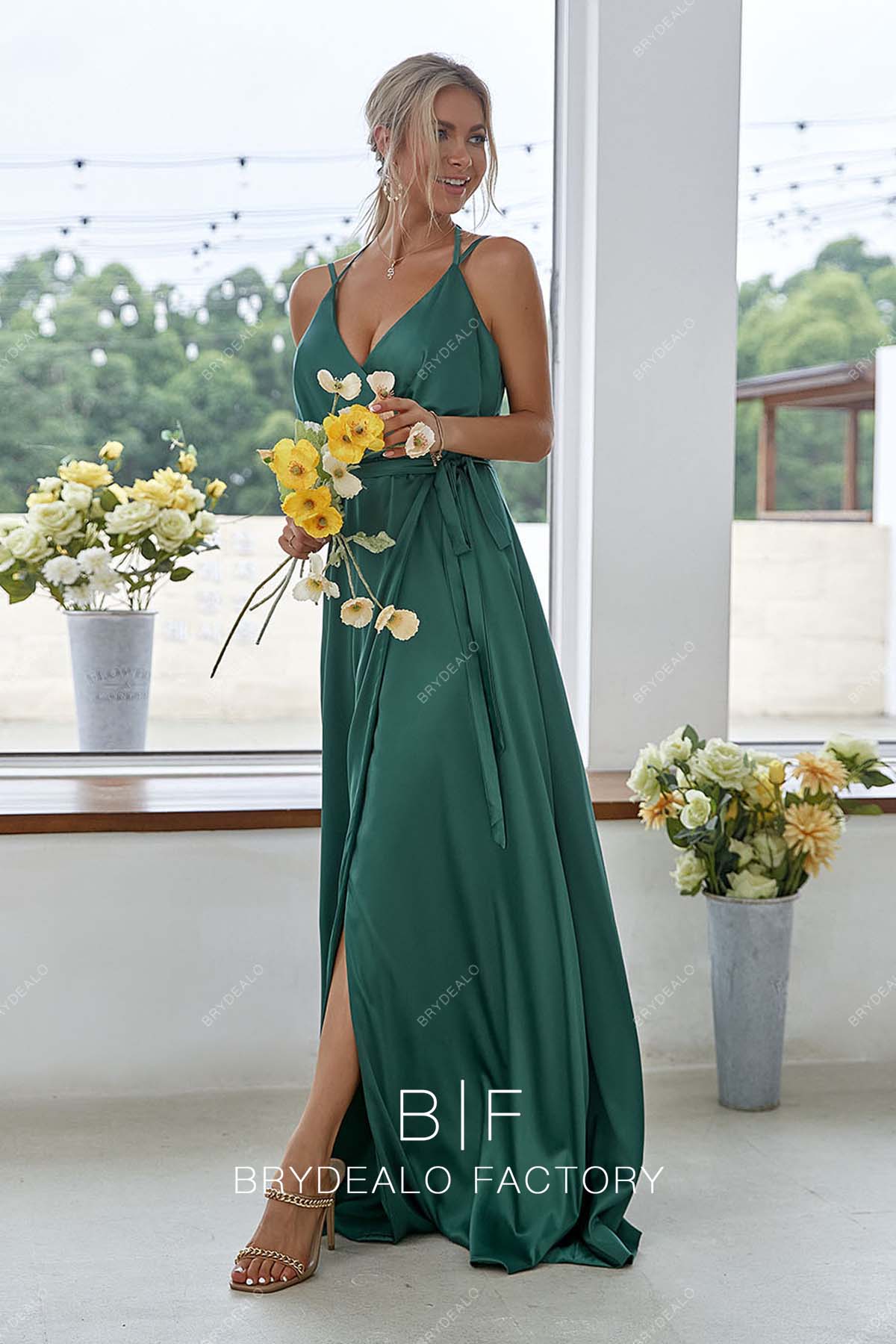 green long A-line charmeuse slit bridesmaid dress