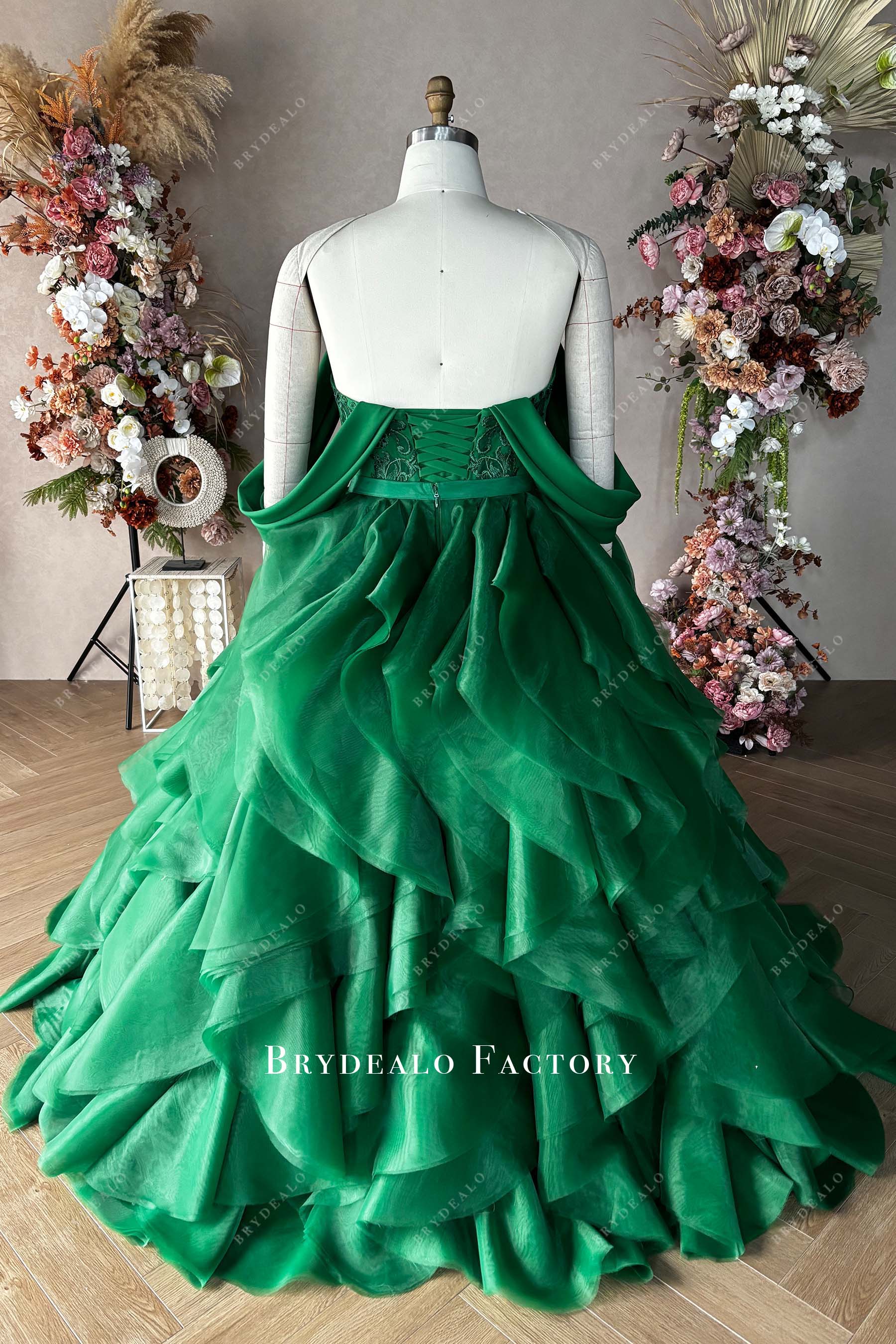 green ruffled ball gown floor length formal dress