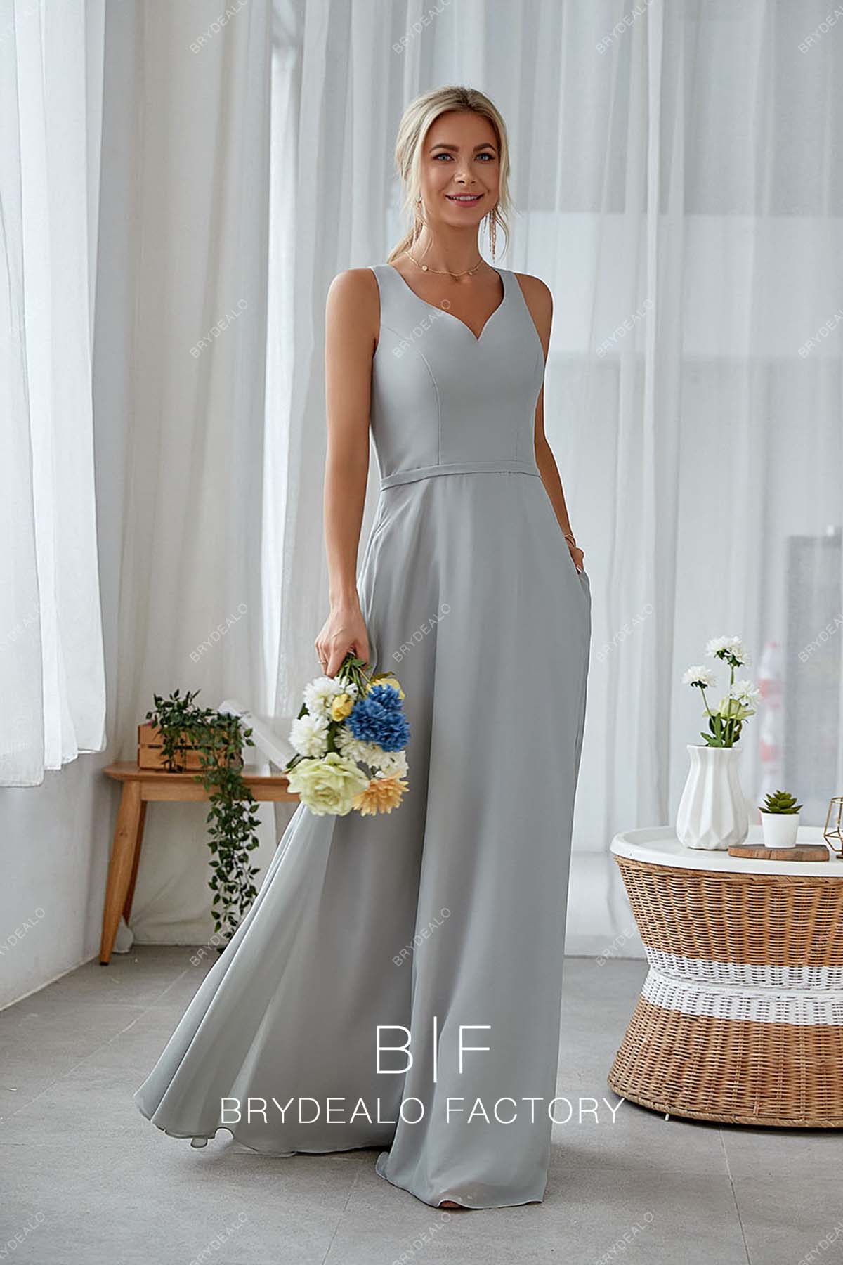 Grey Sleeveless Floor Length Chiffon Bridesmaid Dress