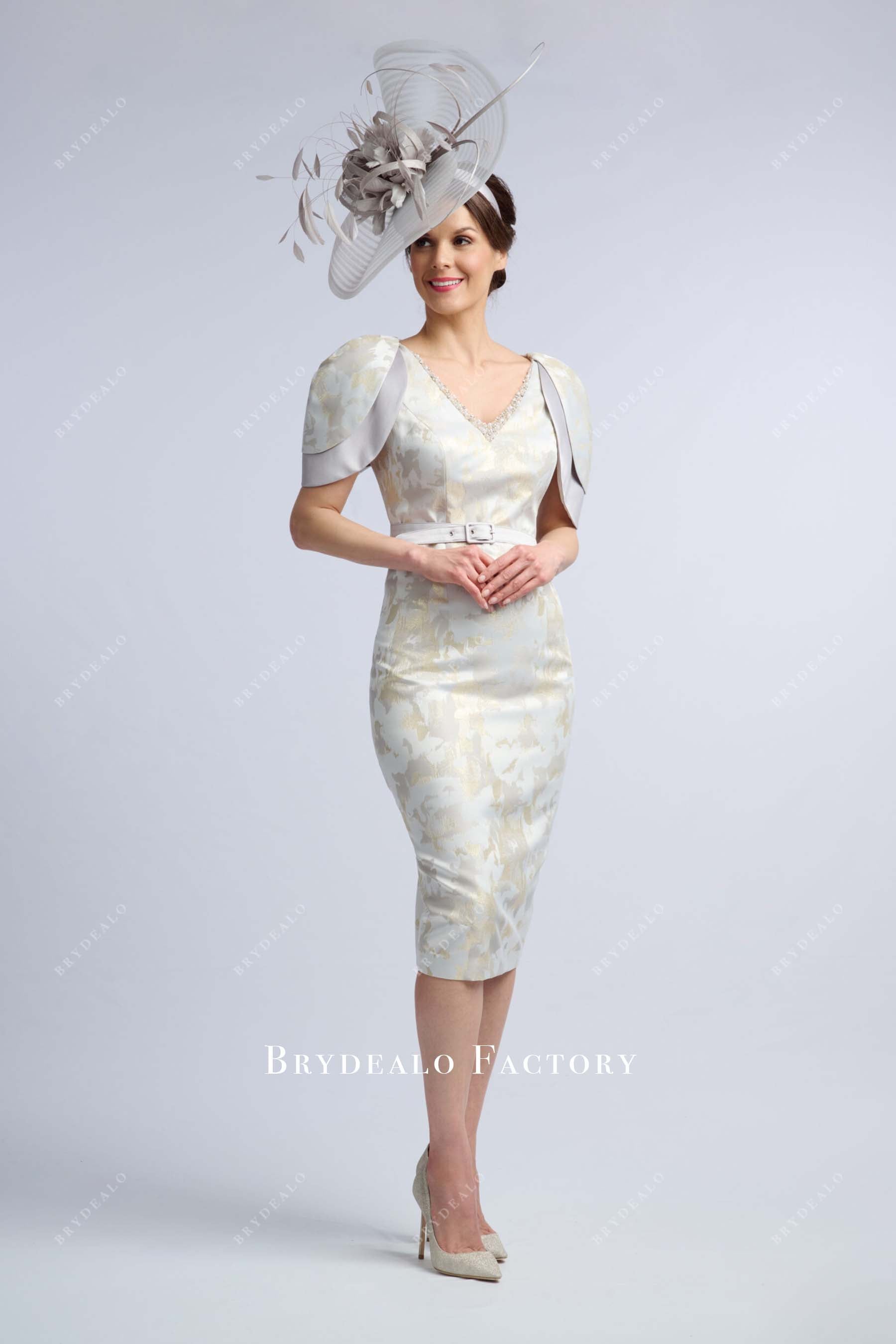 grey gold v neck sheath mother of bride dress