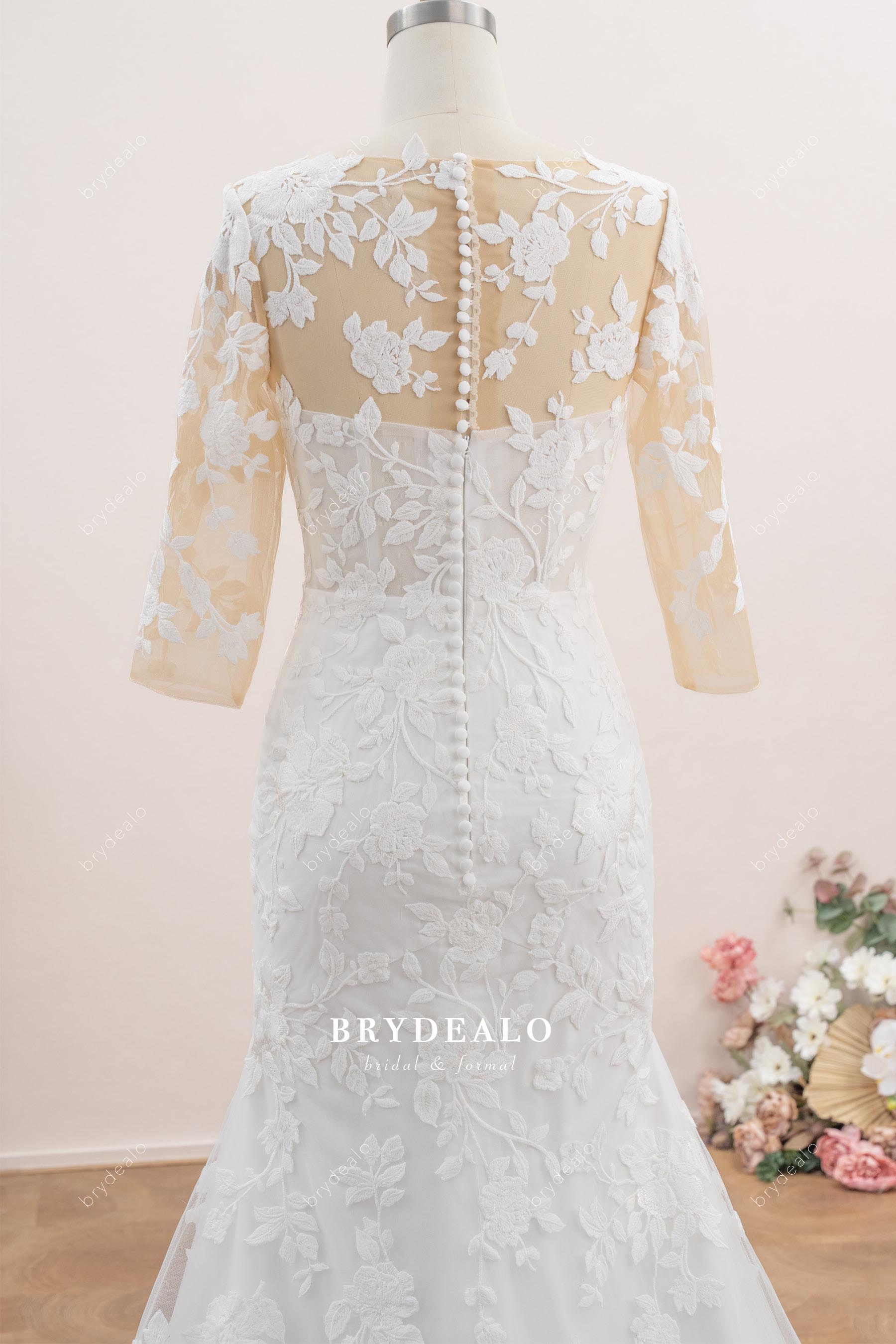 half illusion buttoned back wedding dress