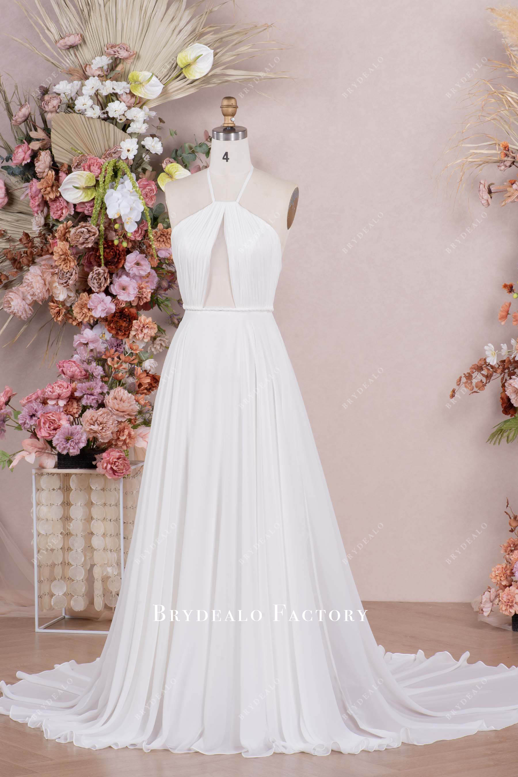 halter flowing chiffon Aline wedding dress