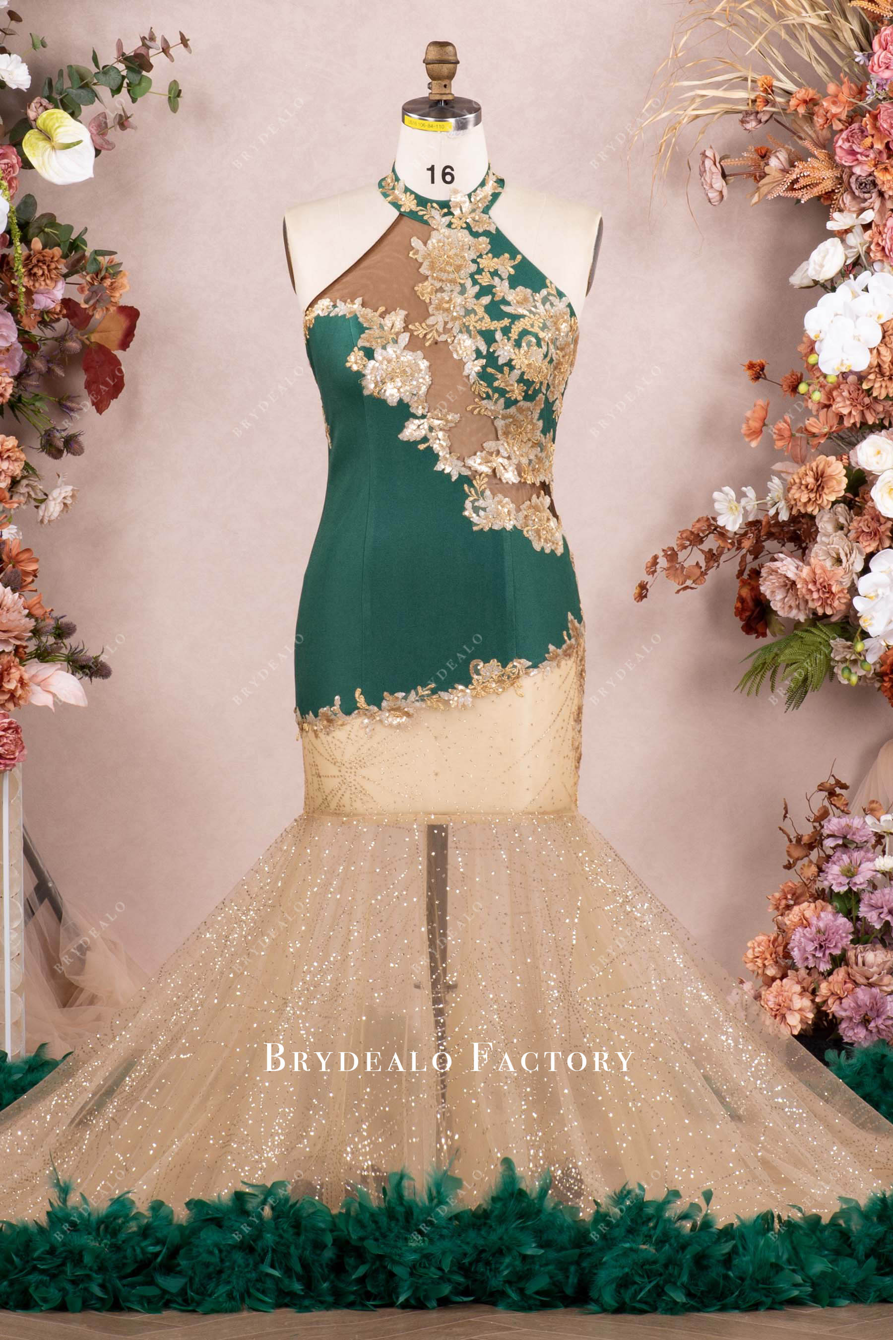 halter gold lace green feather prom dress