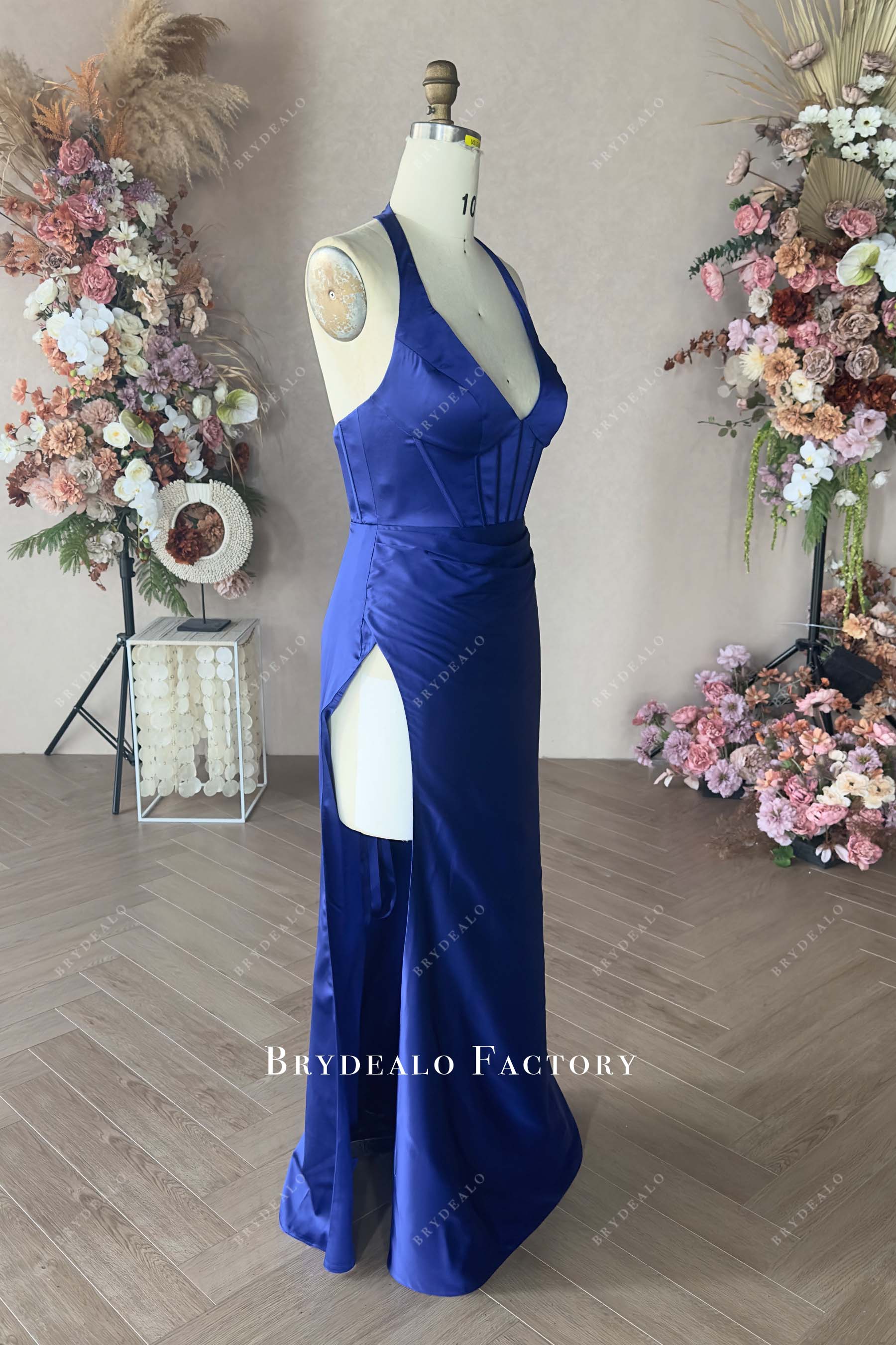 halter neck navy silk satin slit sheath senior prom dress