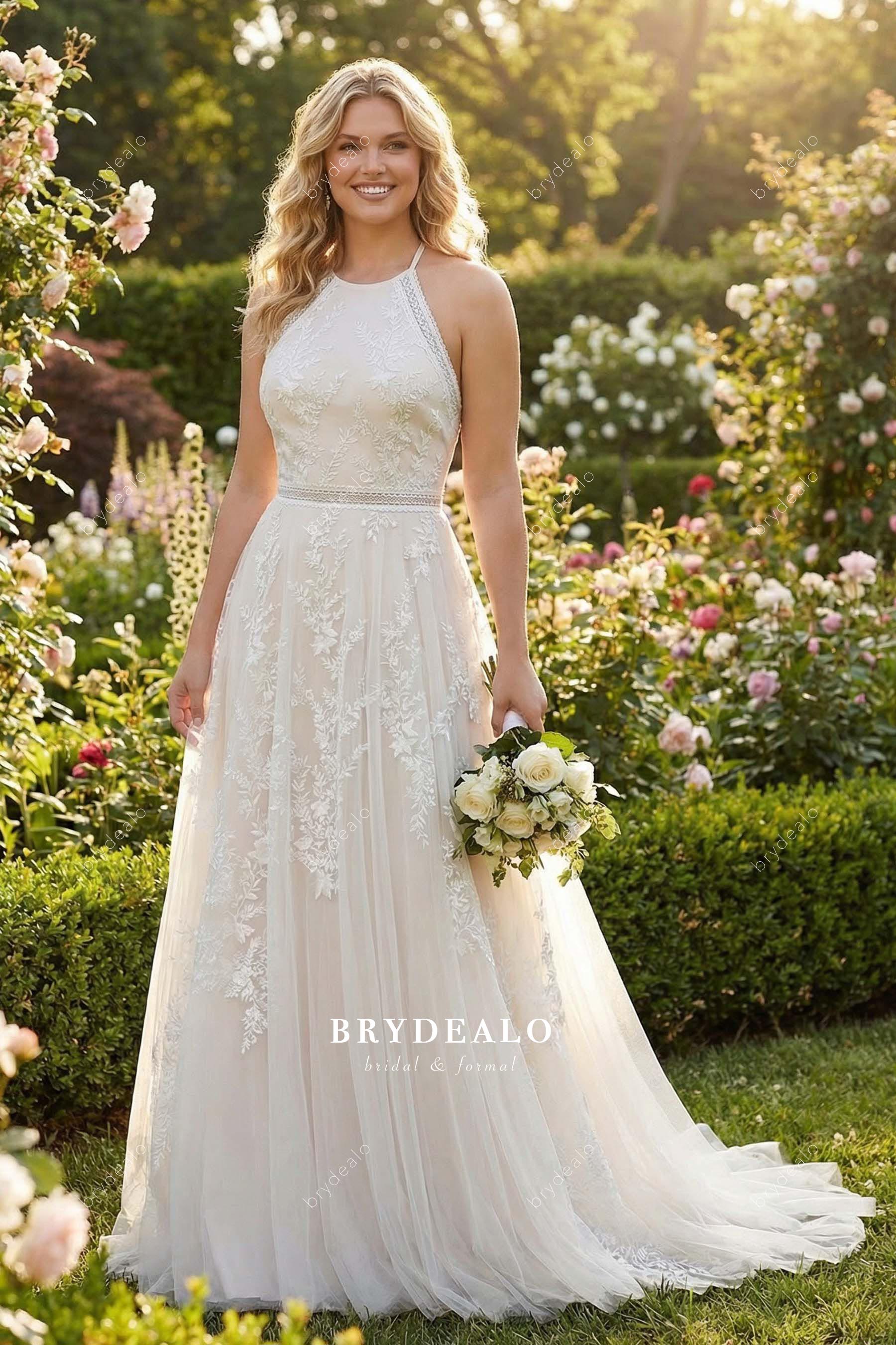 halter neck lace bohemian wedding dress