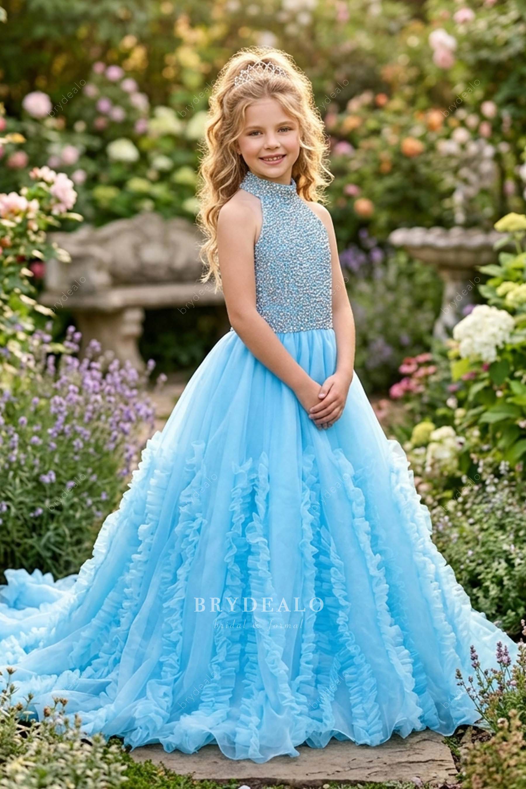 halter neck ruffled kids pageant gown