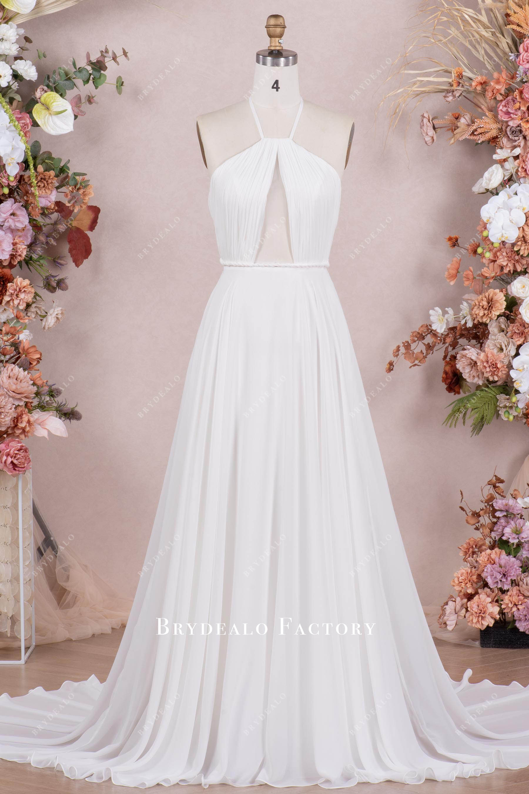 halter pleated flowing chiffon wedding dress